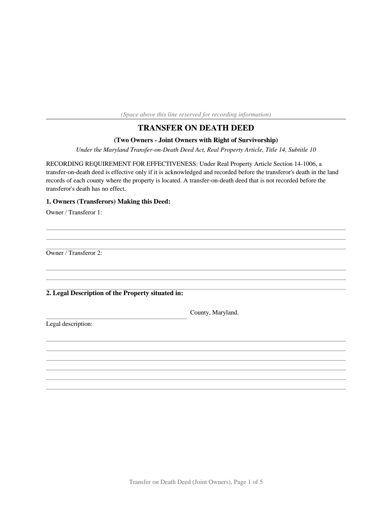 Maryland Transfer on Death Deed (Joint Owners with Right of Survivorship)