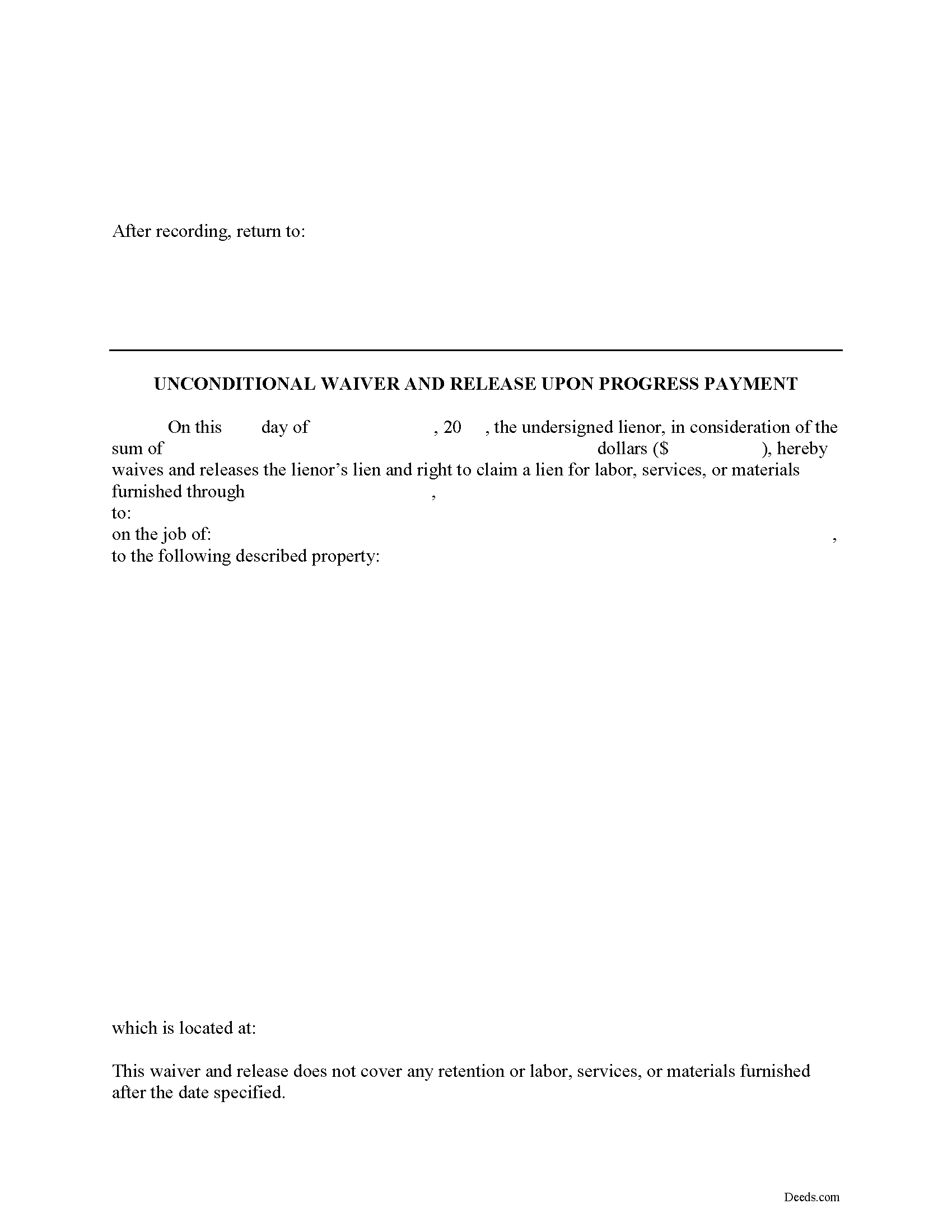 Maryland Unconditional Lien Waiver on Progress Payment Image
