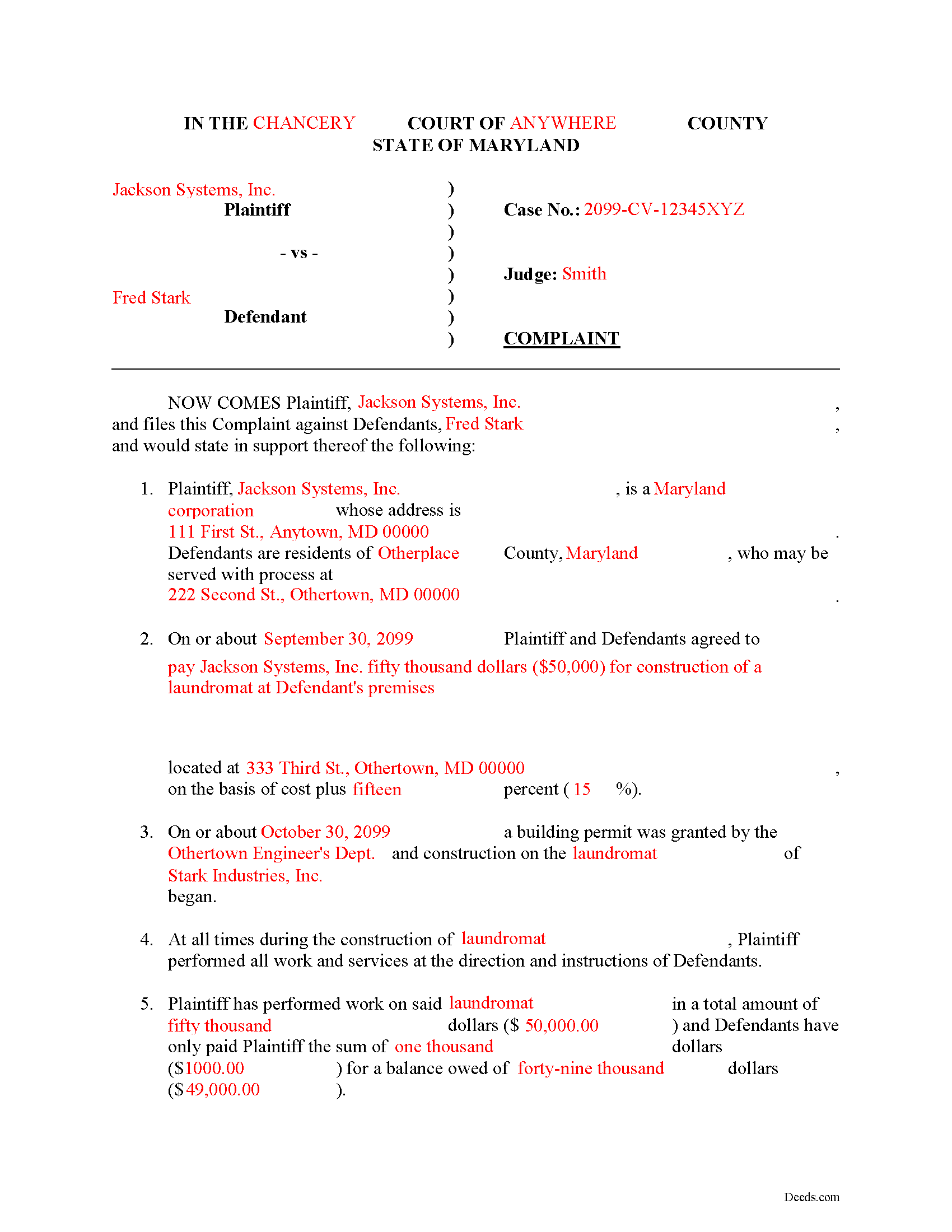 Cecil County Completed Example of the Mechanics Lien Complaint Document