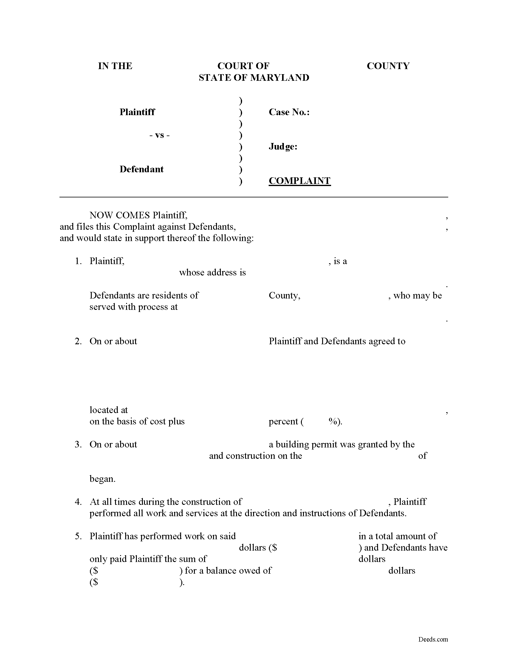 Mechanics Lien Complaint Form