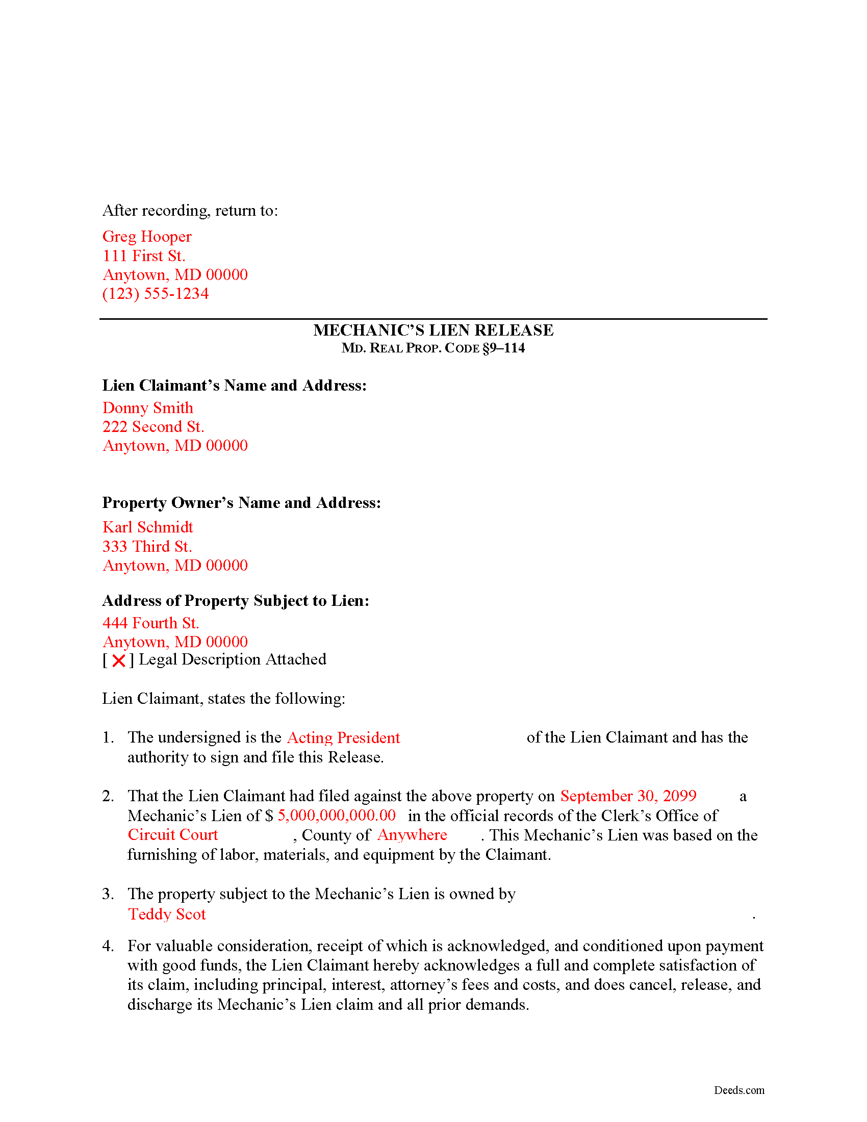 Completed Example of the Mechanics Lien Release Document