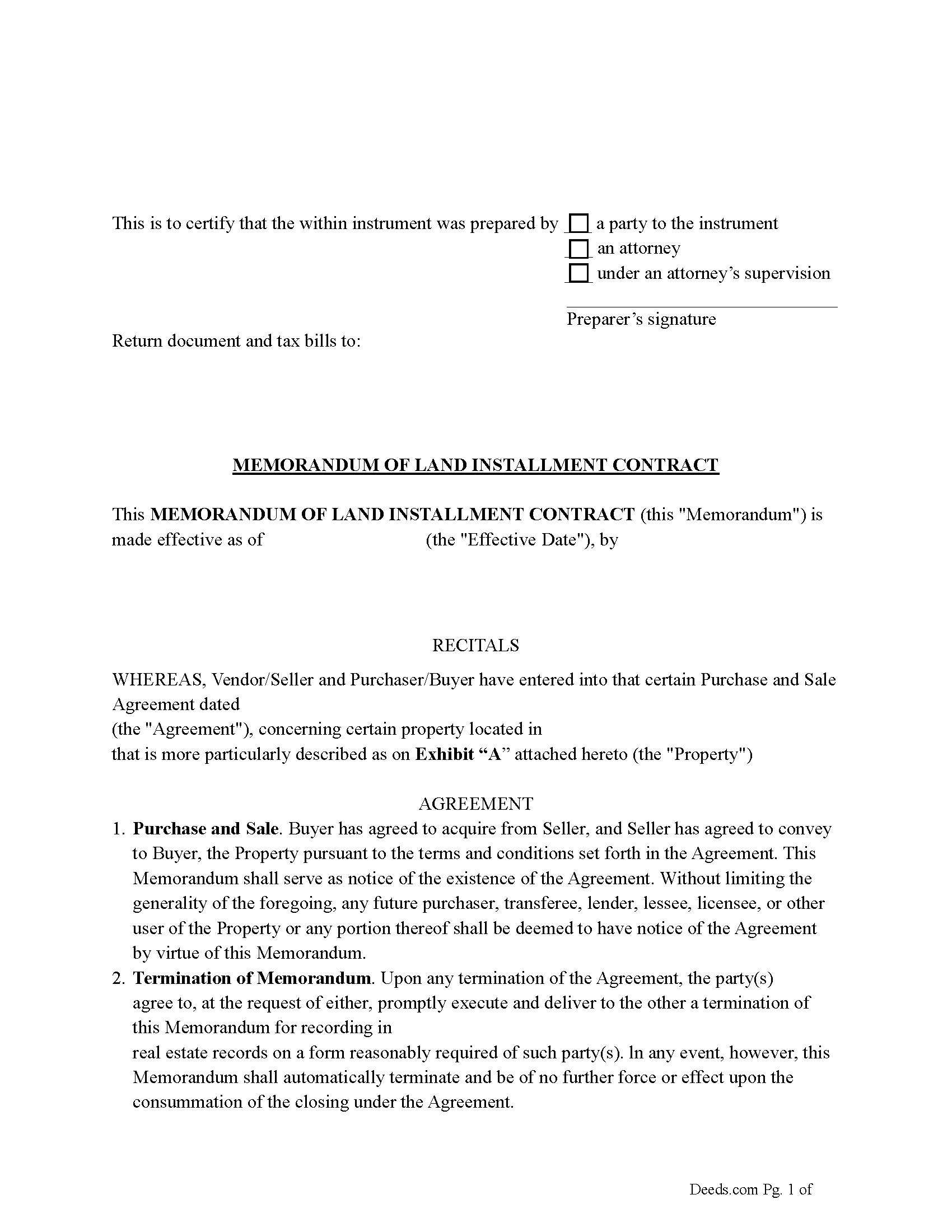 Dorchester County Memorandum of Land Installment Contract Form
