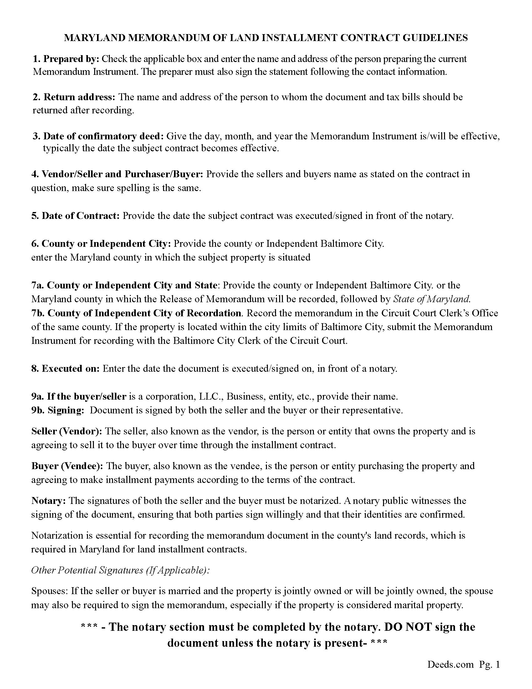 Dorchester County Memorandum of Land Installment Contract Guide