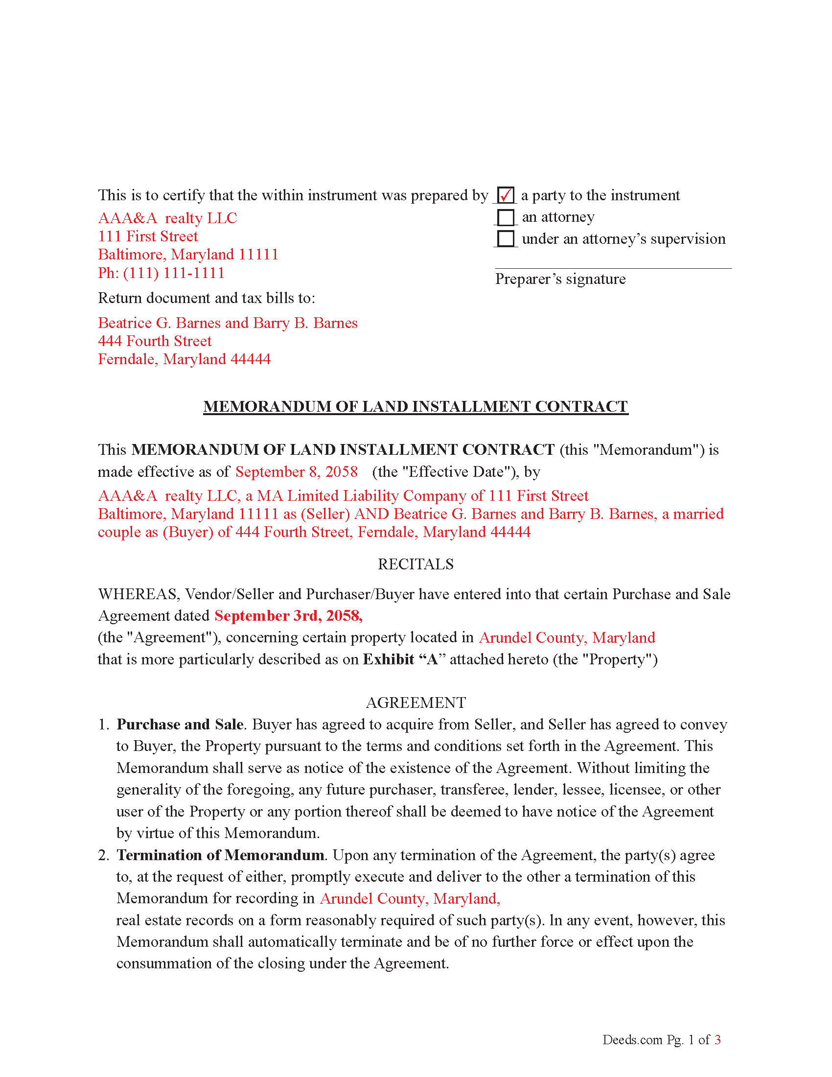 Dorchester County Completed Example of the Memorandum of Land Installment Contract Document
