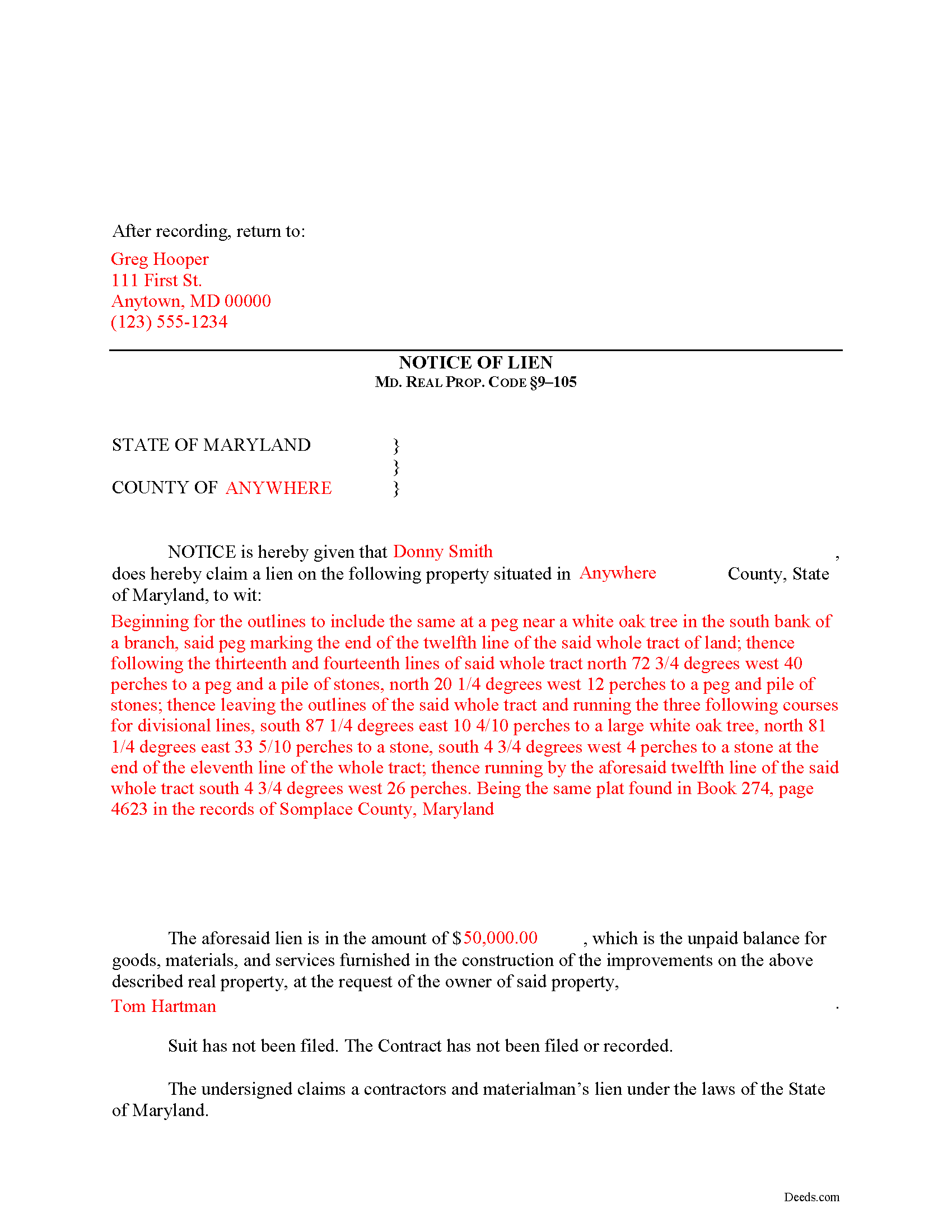 Completed Example of the Notice of Mechanics Lien Document