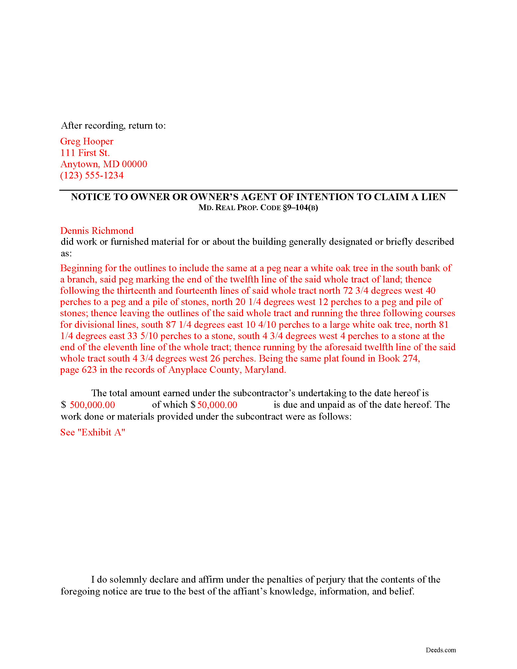 Completed Example of the Notice to Owner Document