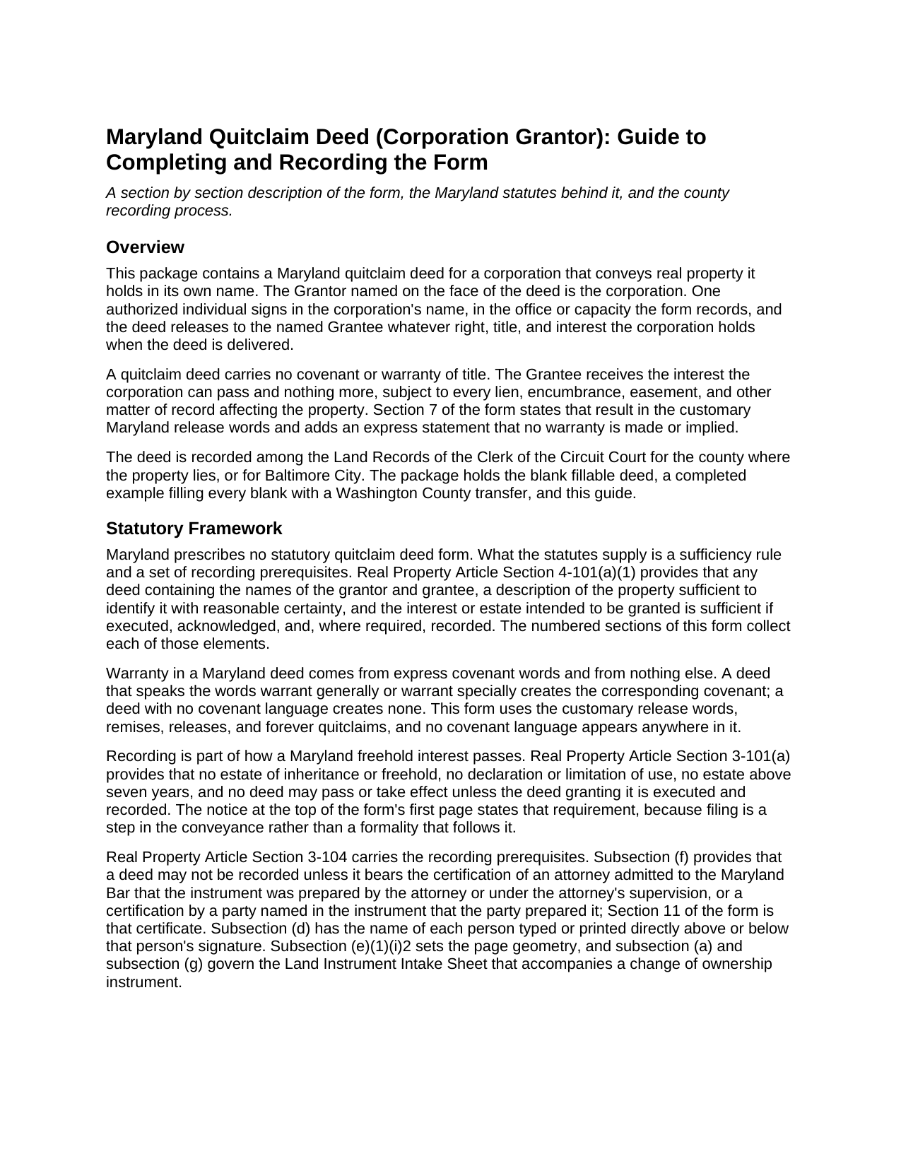 Carroll County Quitclaim Deed (Corporation Grantor) Guide