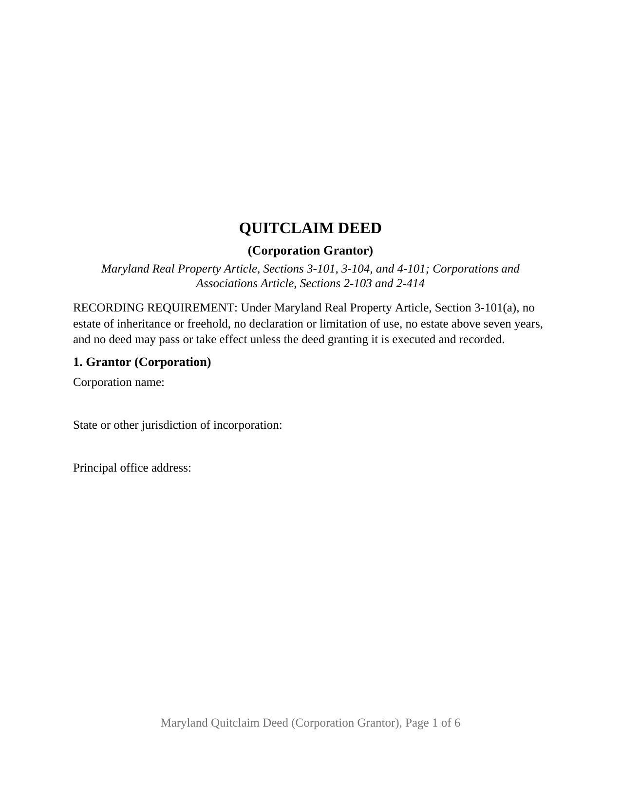 Carroll County Quitclaim Deed (Corporation Grantor) Form