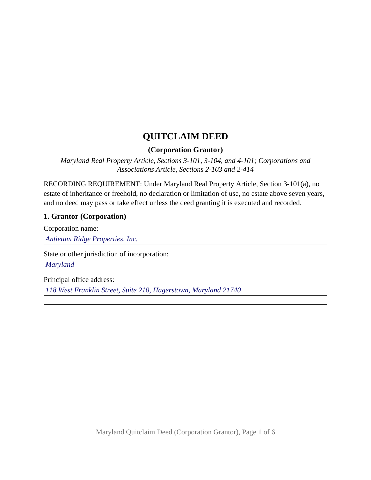 Carroll County Completed Example of the Quitclaim Deed (Corporation Grantor) Document