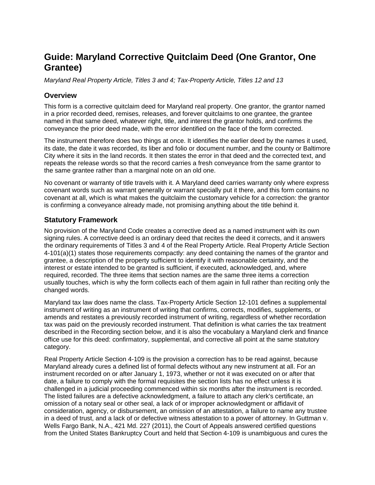 Wicomico County Quitclaim Deed (Corrective) Guide