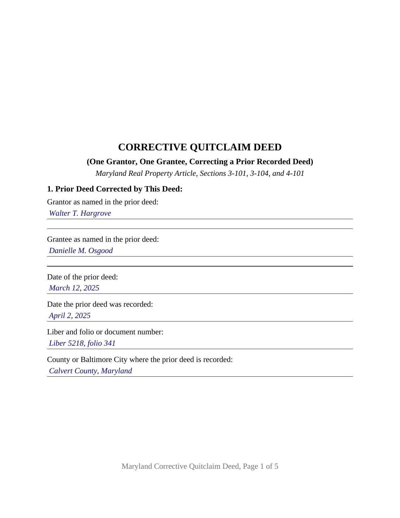 Wicomico County Completed Example of the Quitclaim Deed (Corrective) Document