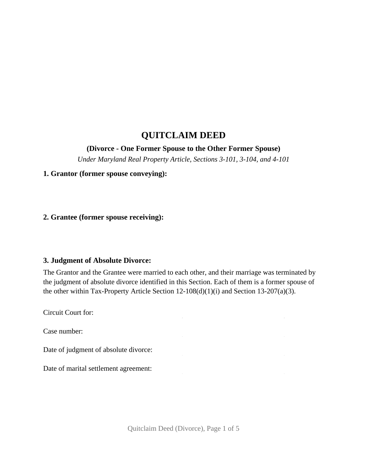 Saint Marys County Quitclaim Deed (Divorce) Form