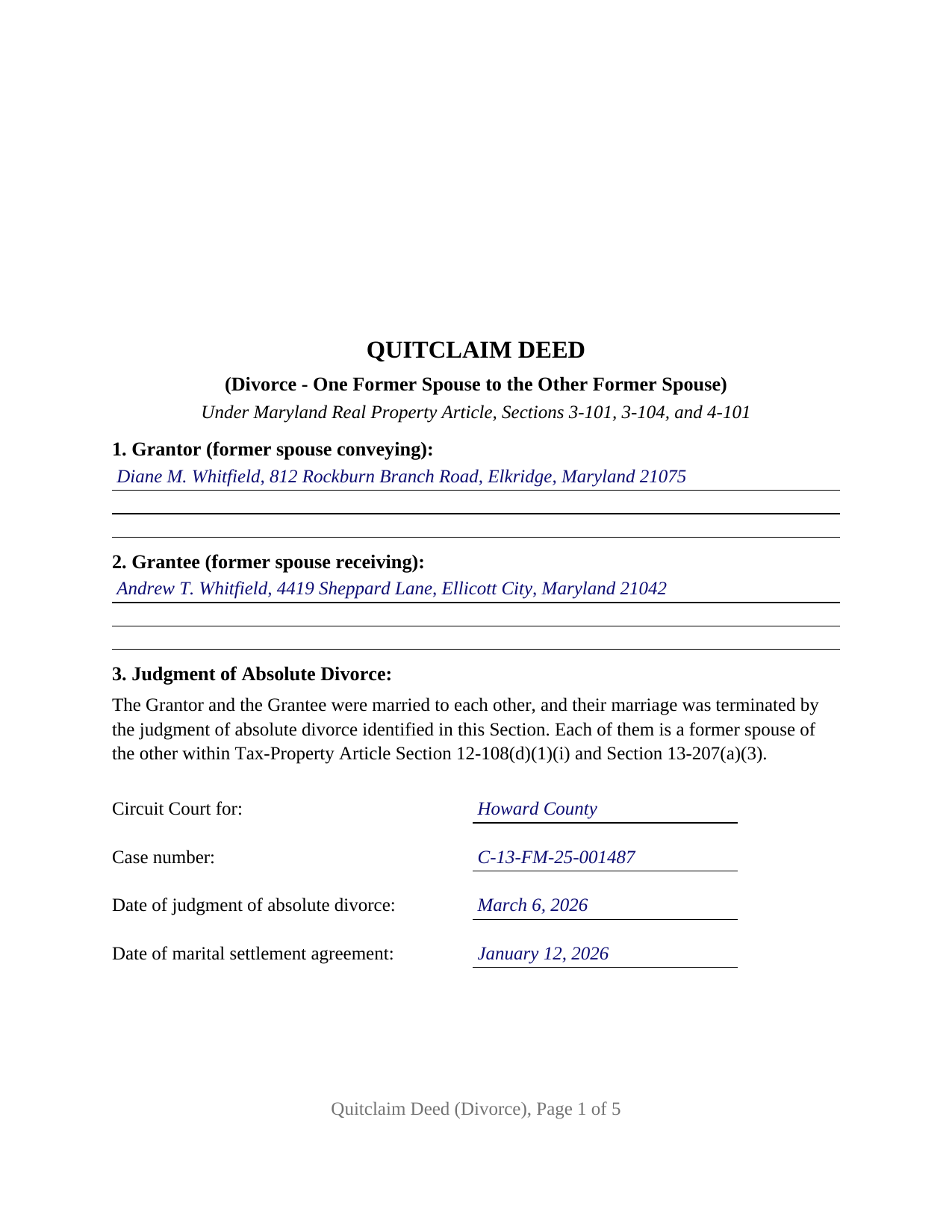 Saint Marys County Completed Example of the Quitclaim Deed (Divorce) Document