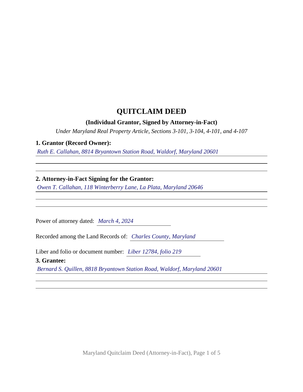 Allegany County Completed Example of the Quitclaim Deed (Individual Grantor by Attorney-in-Fact) Document