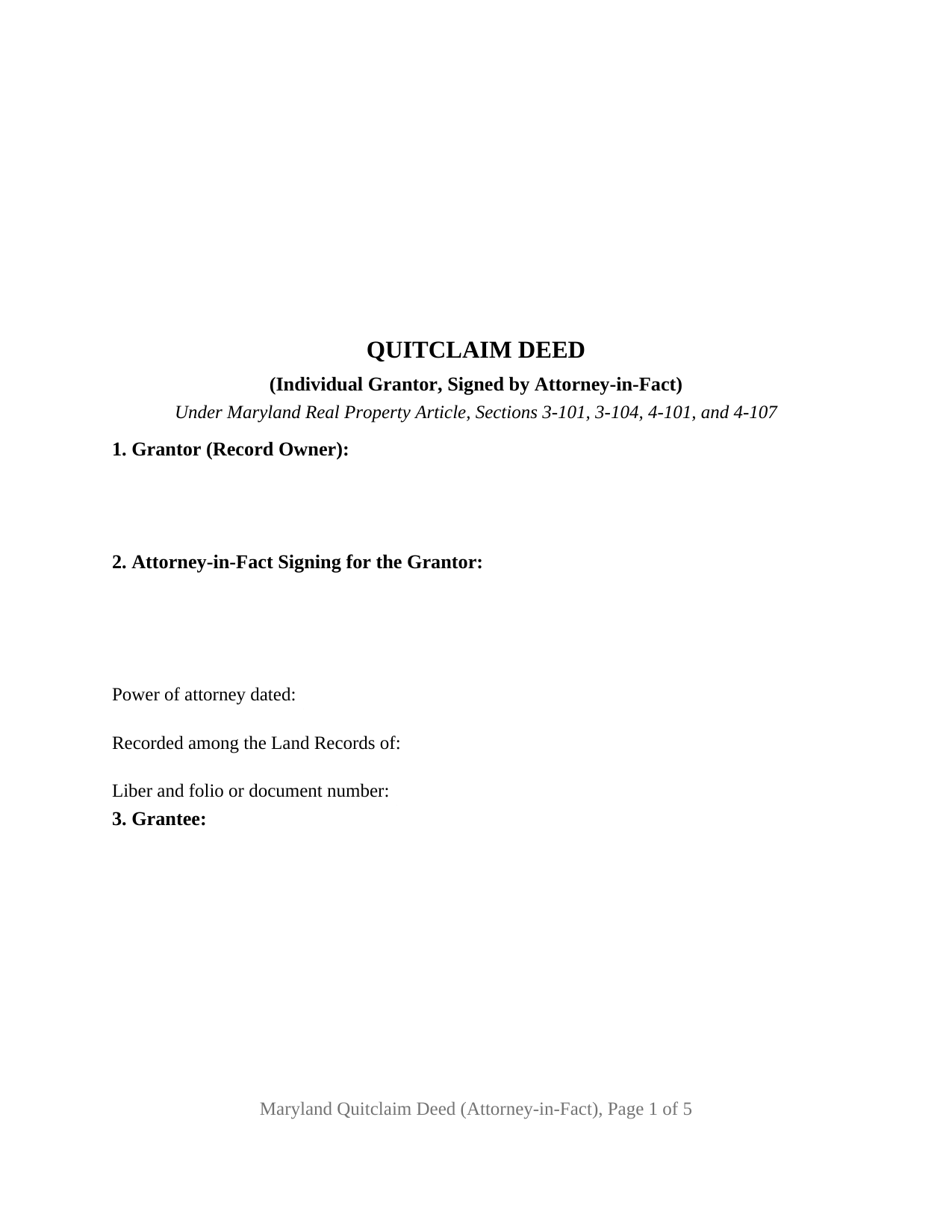 Allegany County Quitclaim Deed (Individual Grantor by Attorney-in-Fact) Form