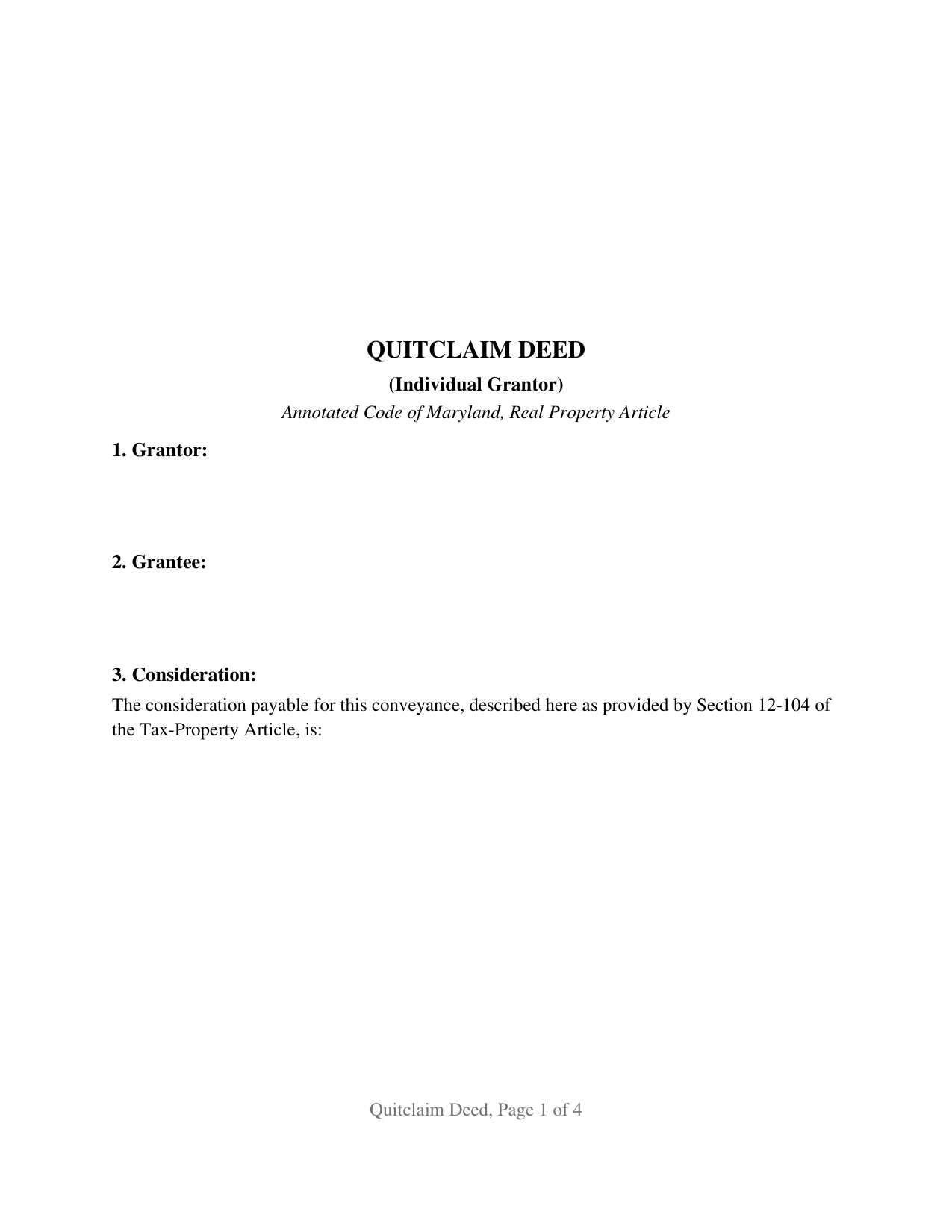 Cecil County Quitclaim Deed (Individual Grantor) Form