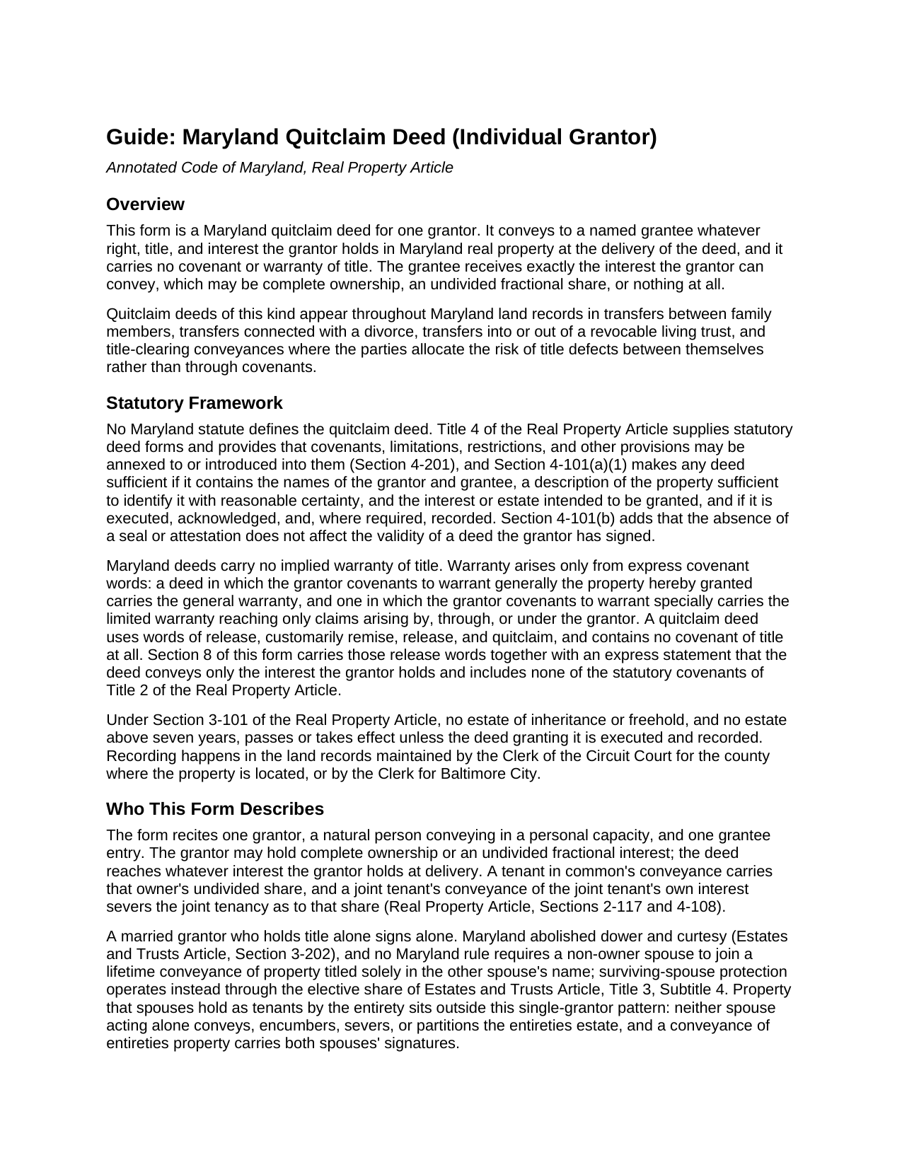 Cecil County Quitclaim Deed (Individual Grantor) Guide