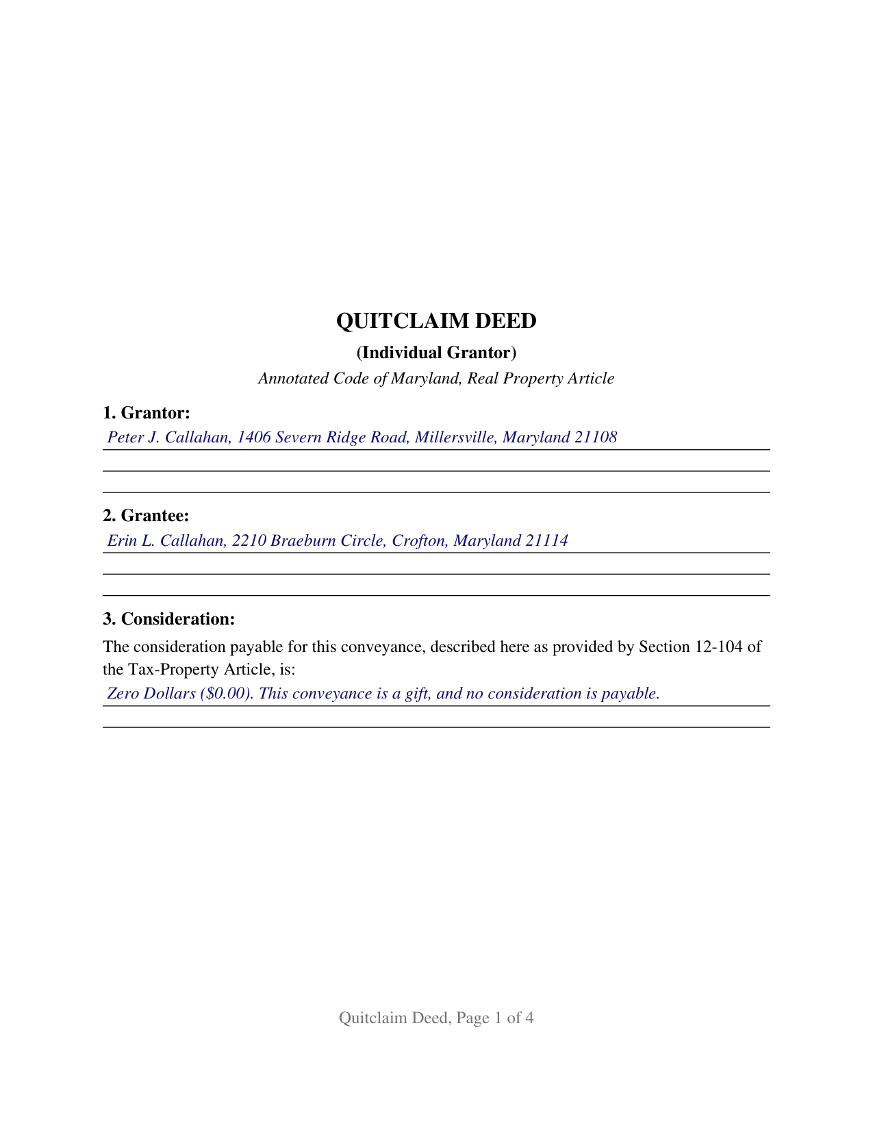 Cecil County Completed Example of the Quitclaim Deed (Individual Grantor) Document