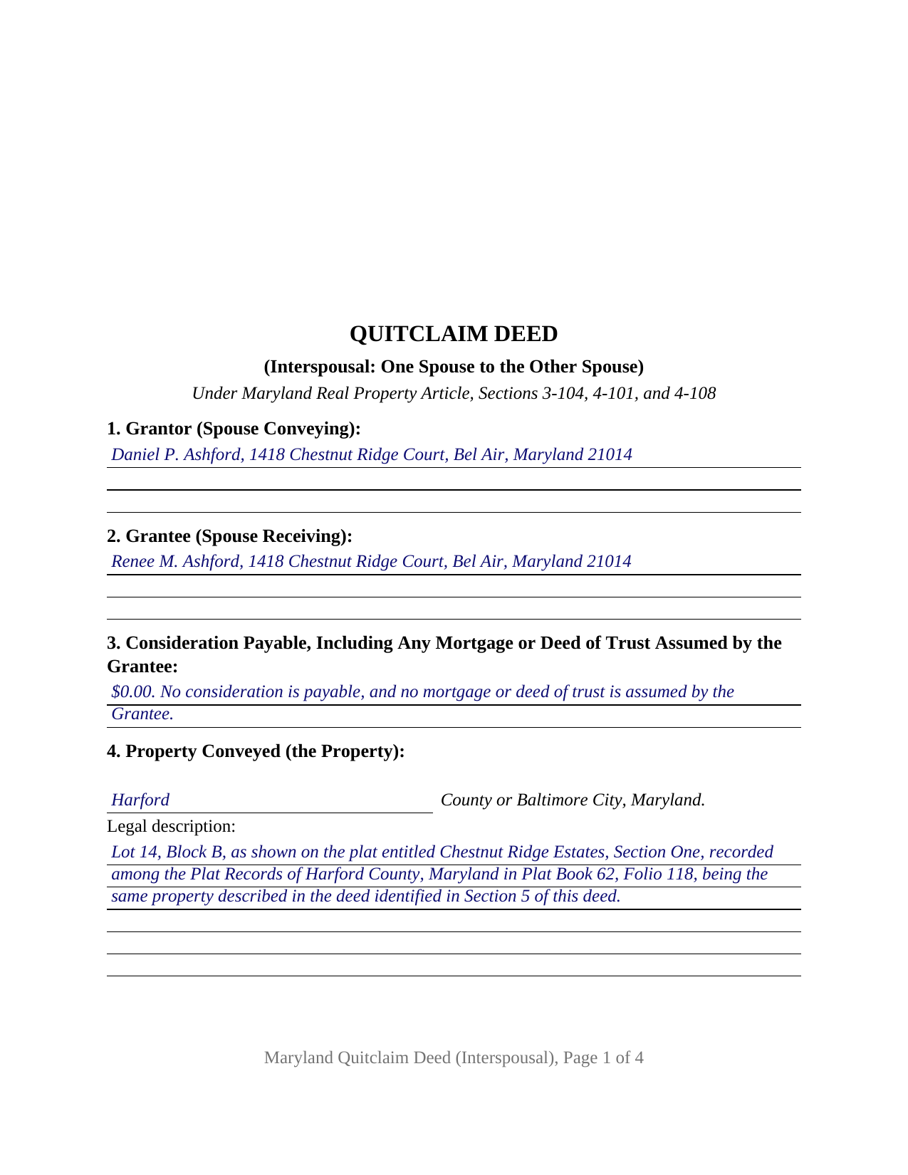 Baltimore City Completed Example of the Quitclaim Deed (Interspousal) Document