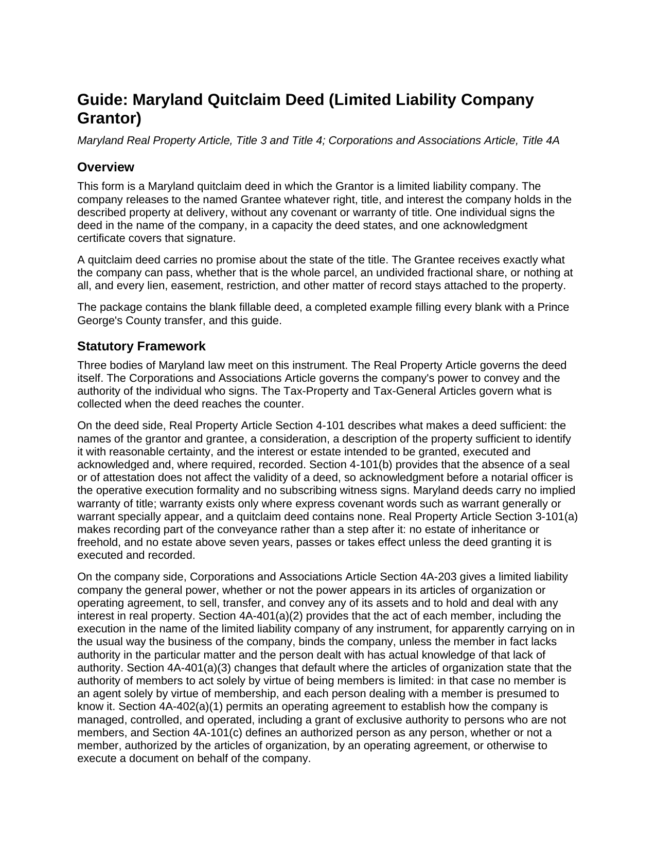Calvert County Quitclaim Deed (LLC Grantor) Guide