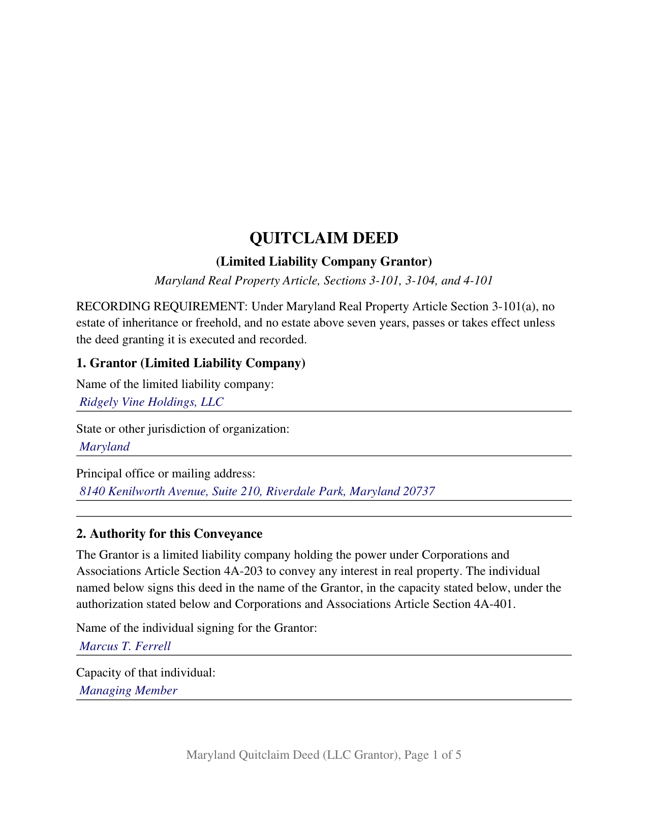 Calvert County Completed Example of the Quitclaim Deed (LLC Grantor) Document