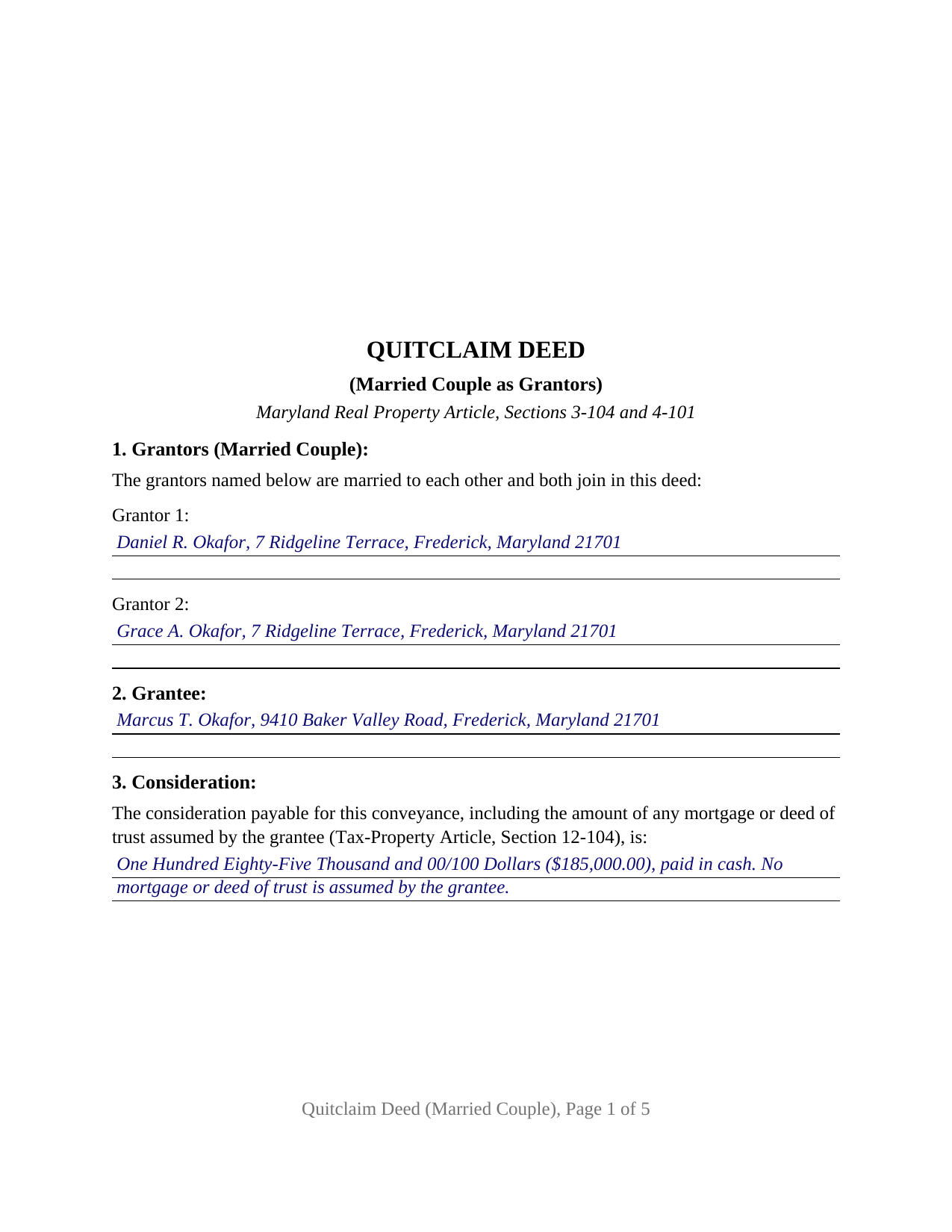 Baltimore City Completed Example of the Quitclaim Deed (Married Couple as Grantors) Document