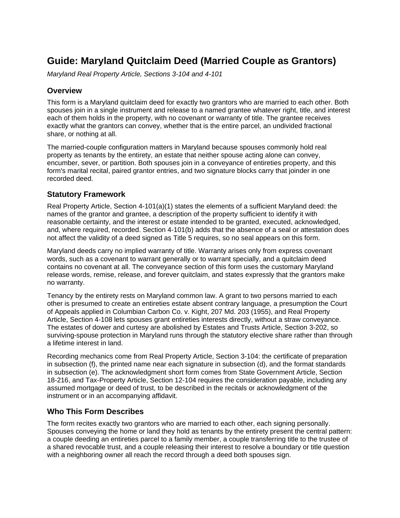 Baltimore City Quitclaim Deed (Married Couple as Grantors) Guide