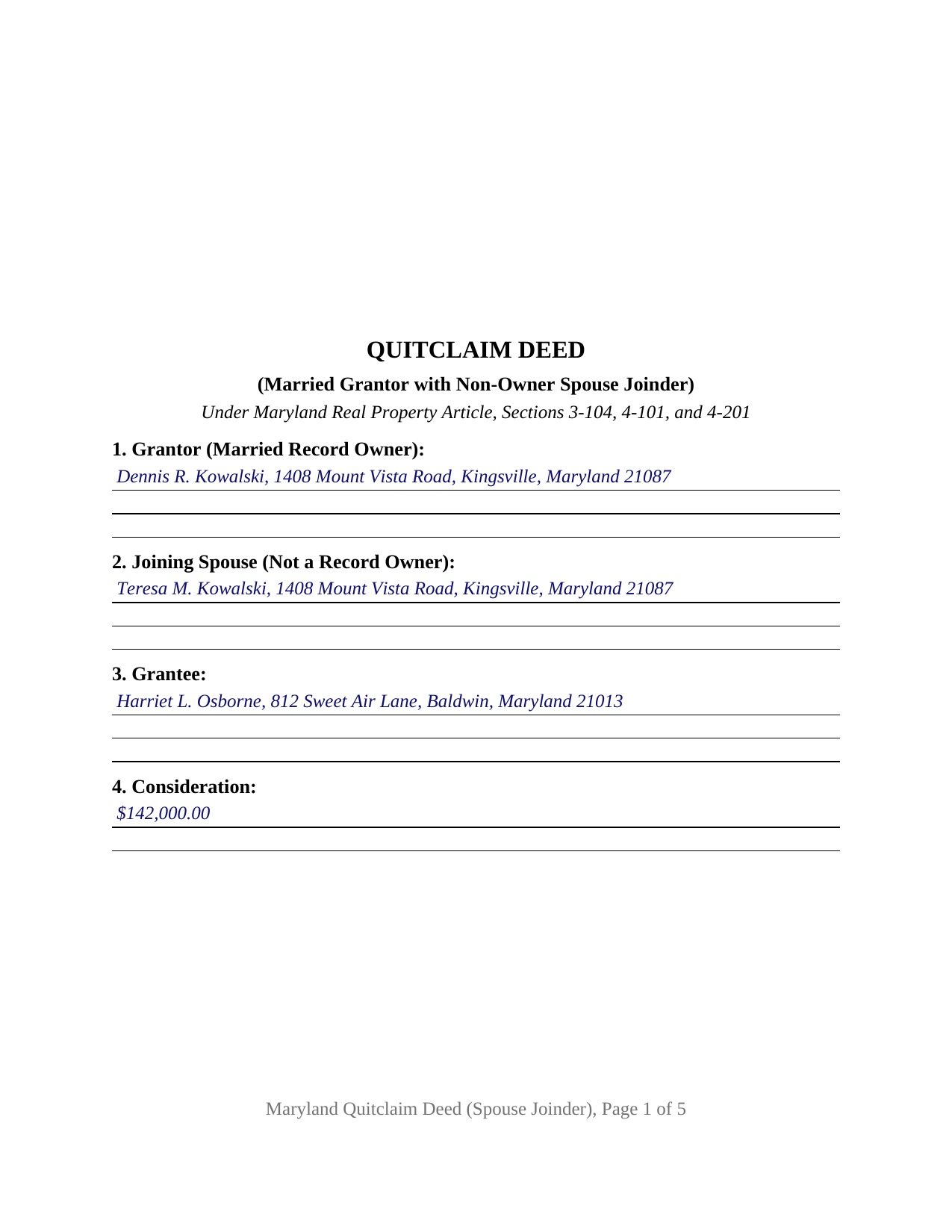 Harford County Completed Example of the Quitclaim Deed (Married Grantor with Non-Owner Spouse Joinder) Document