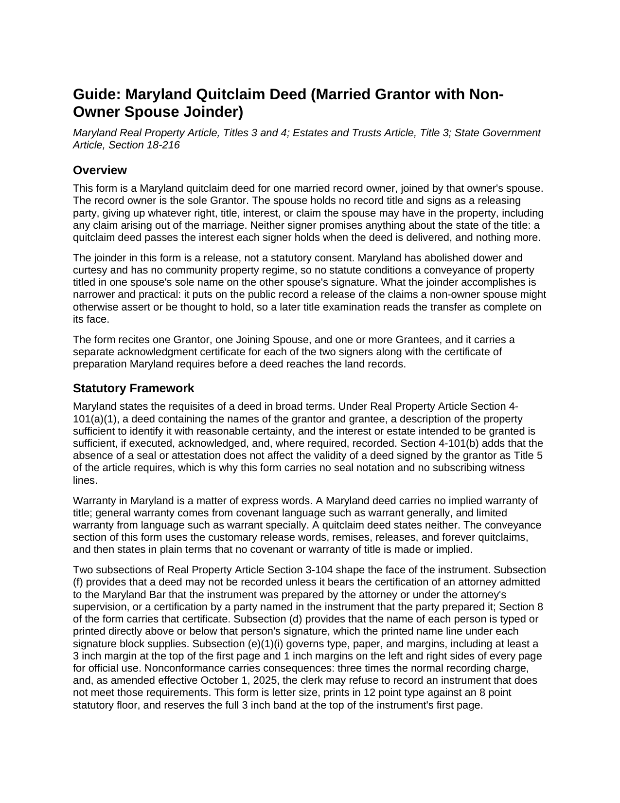 Harford County Quitclaim Deed (Married Grantor with Non-Owner Spouse Joinder) Guide