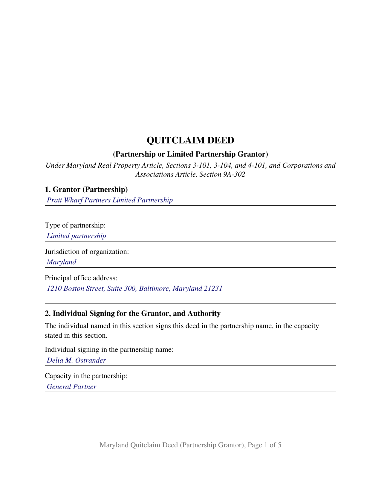 Anne Arundel County Completed Example of the Quitclaim Deed (Partnership or Limited Partnership Grantor) Document