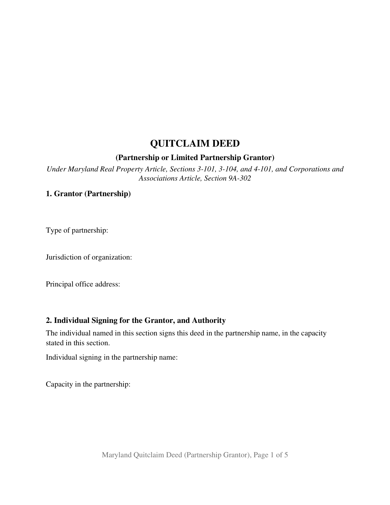 Anne Arundel County Quitclaim Deed (Partnership or Limited Partnership Grantor) Form