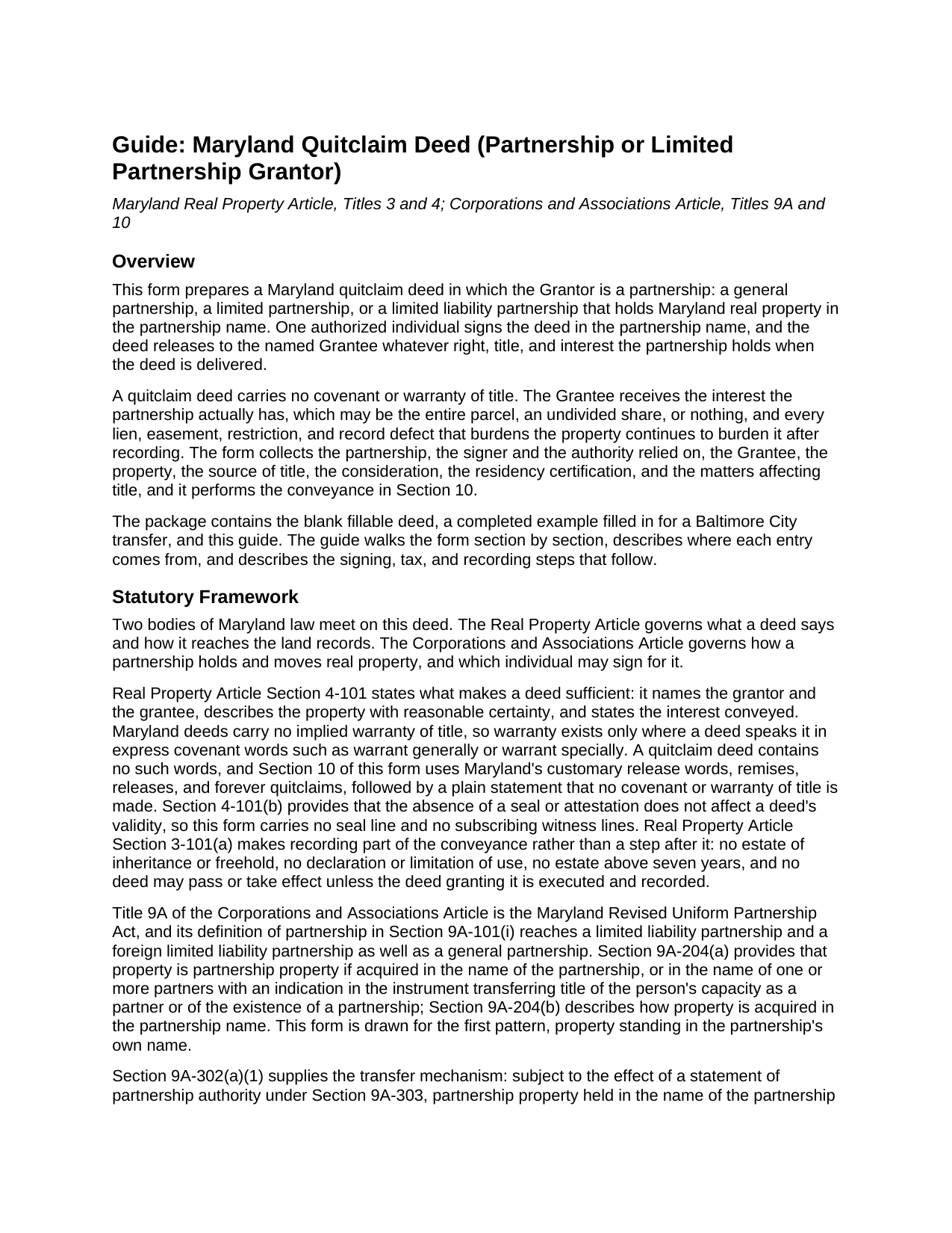 Anne Arundel County Quitclaim Deed (Partnership or Limited Partnership Grantor) Guide
