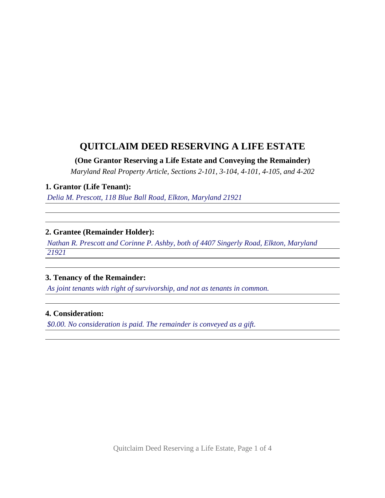 Caroline County Completed Example of the Quitclaim Deed (Reserving Life Estate) Document