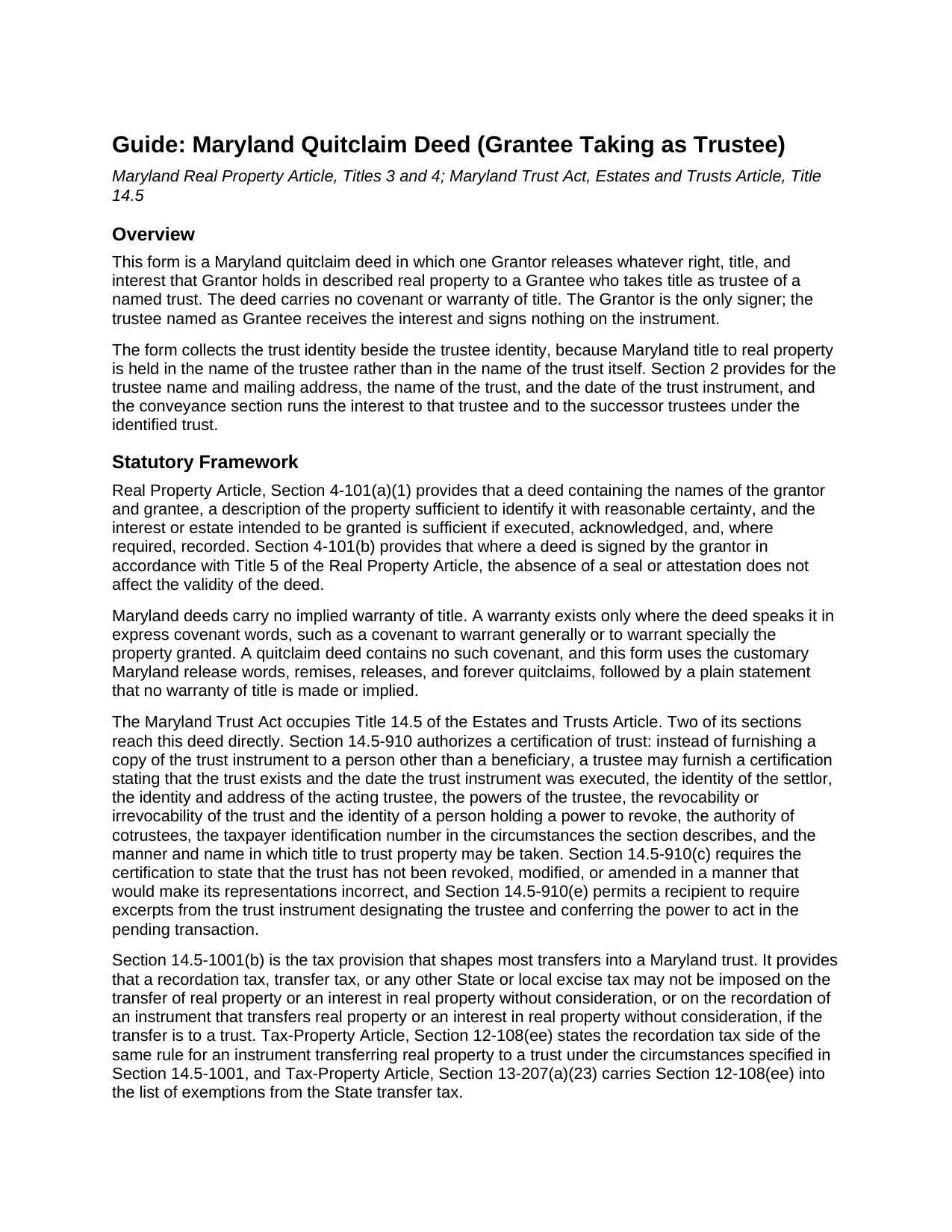 Calvert County Quitclaim Deed (Trustee Grantee) Guide