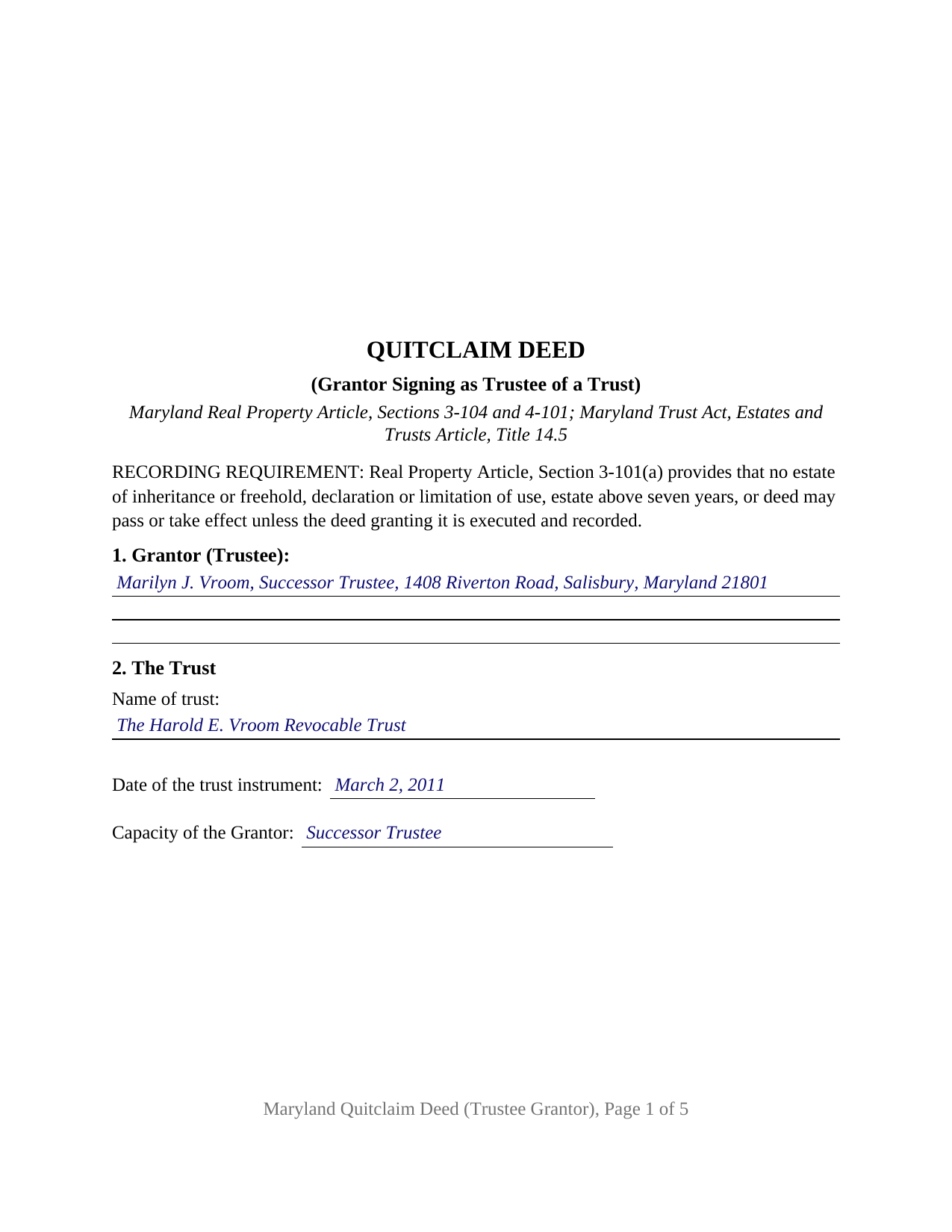 Queen Annes County Completed Example of the Quitclaim Deed (Trustee Grantor) Document