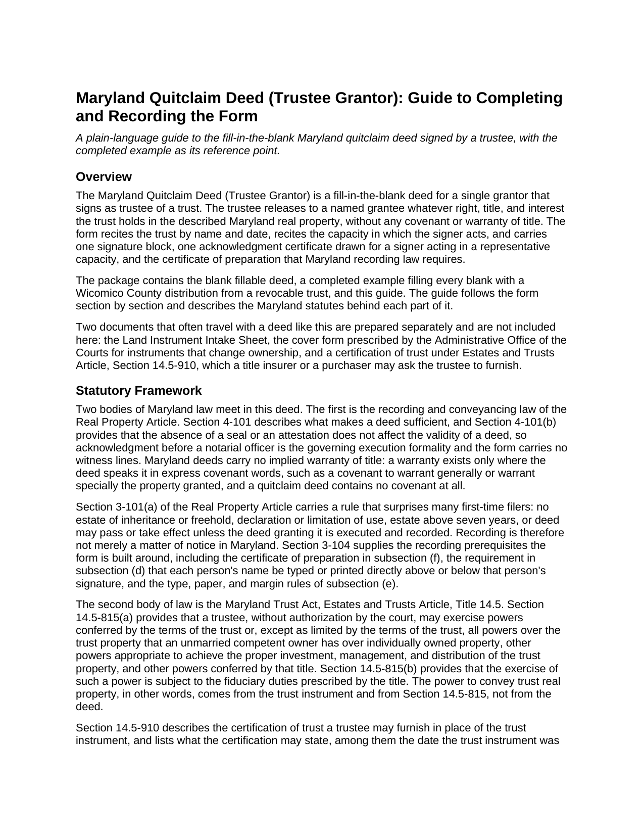 Queen Annes County Quitclaim Deed (Trustee Grantor) Guide