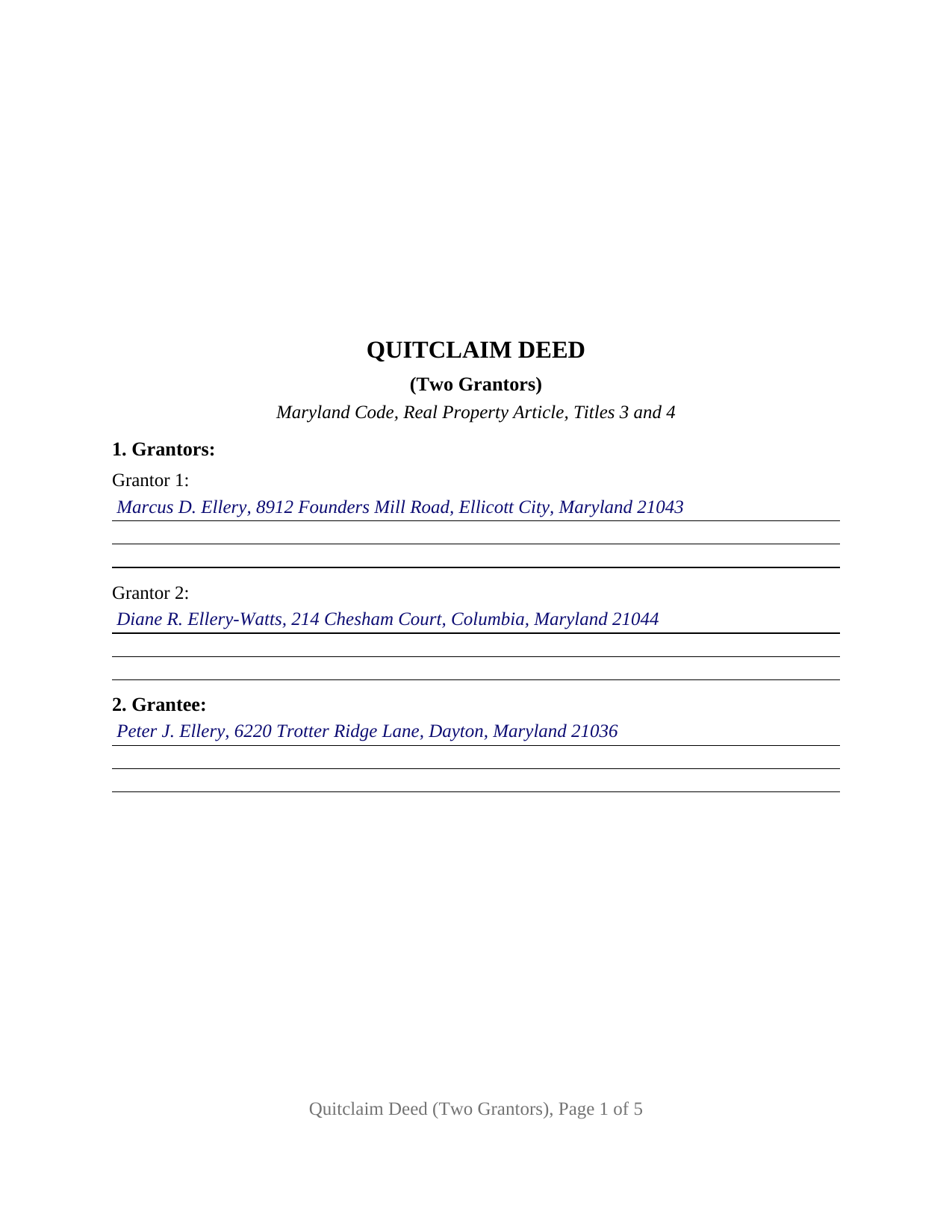Baltimore County Completed Example of the Quitclaim Deed (Two Grantors) Document