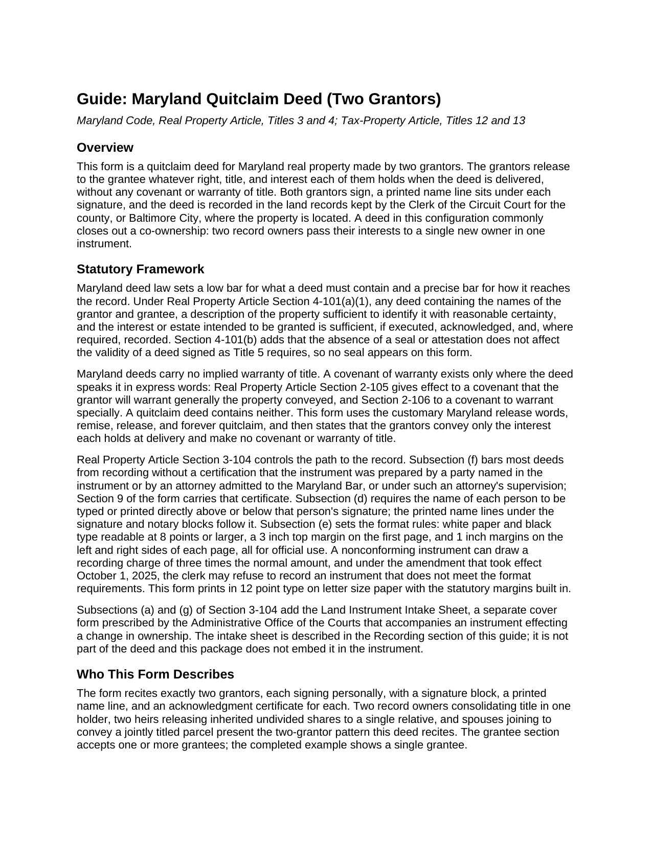 Baltimore County Quitclaim Deed (Two Grantors) Guide
