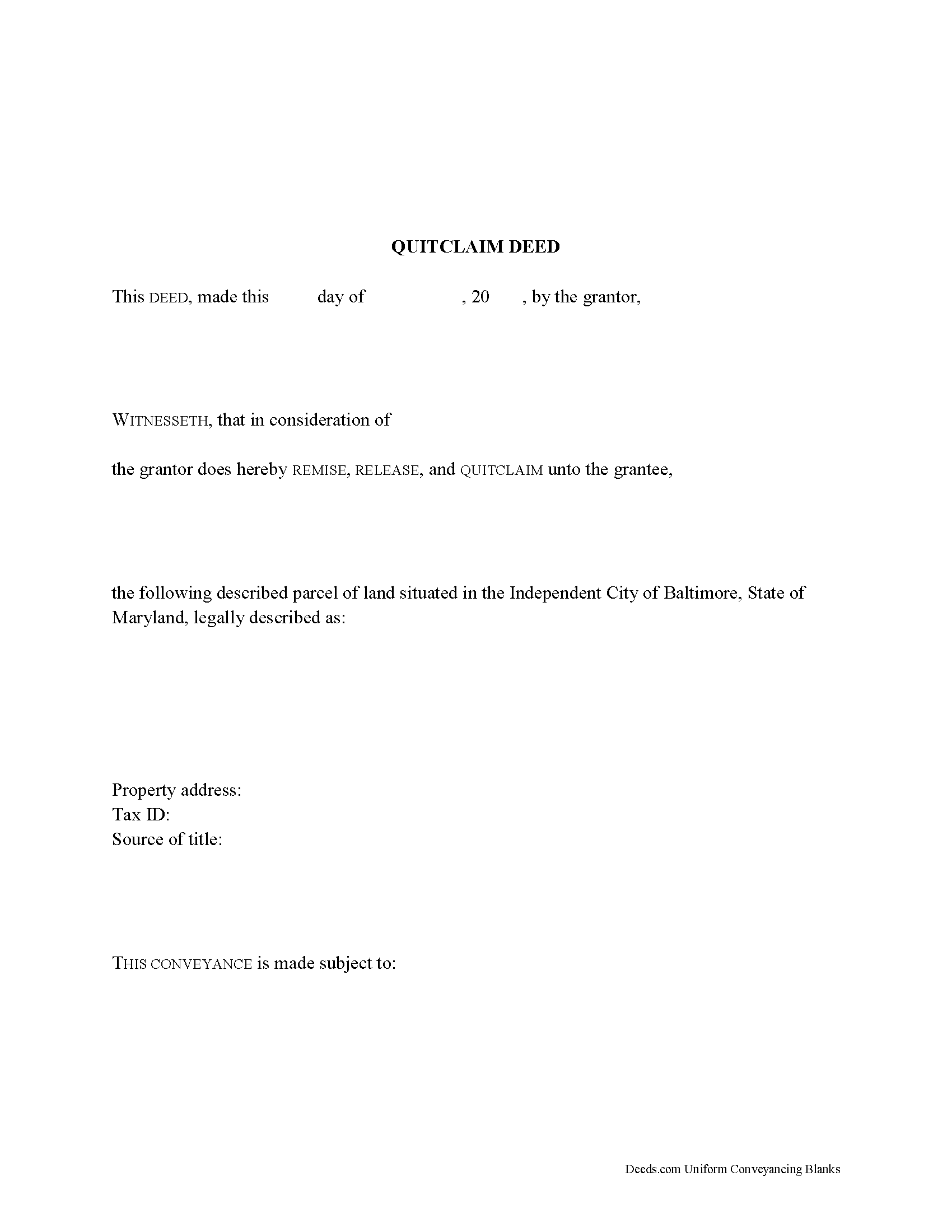 Baltimore City Quitclaim Deed Form
