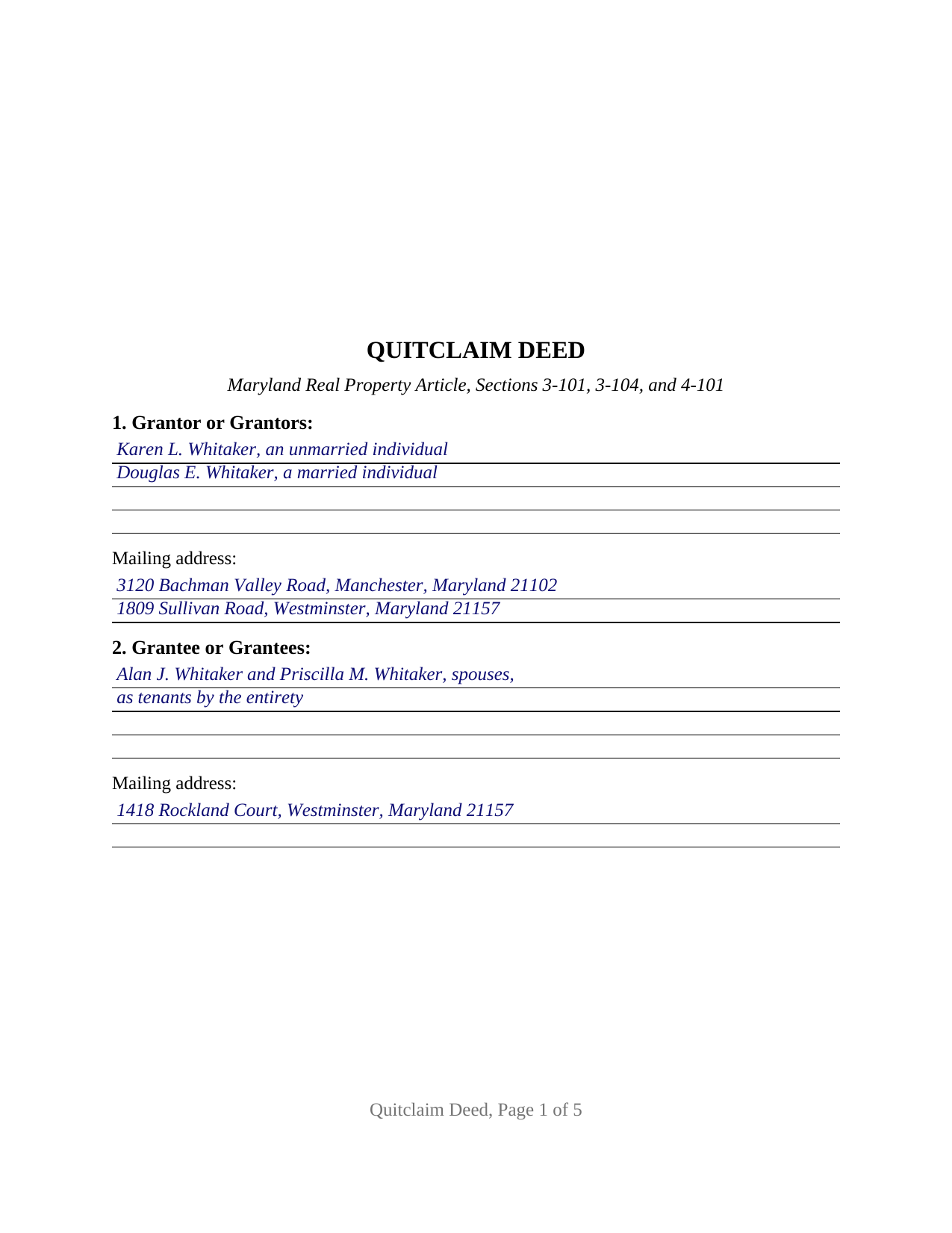 Garrett County Completed Example of the Quitclaim Deed Document