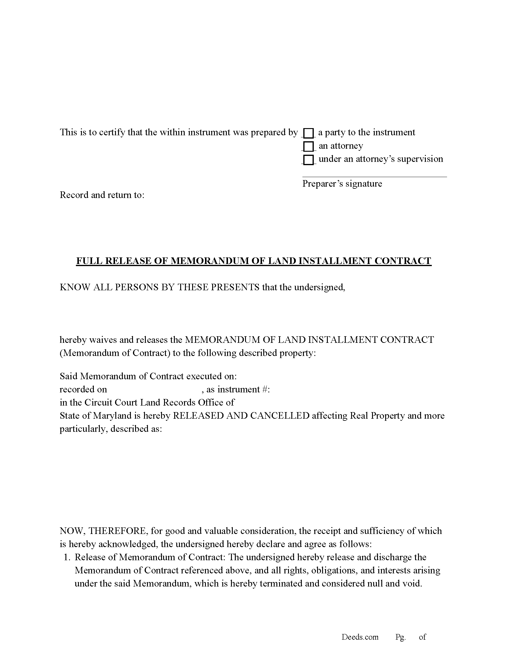 Dorchester County Release of Memorandum of Land Installment Contract Form