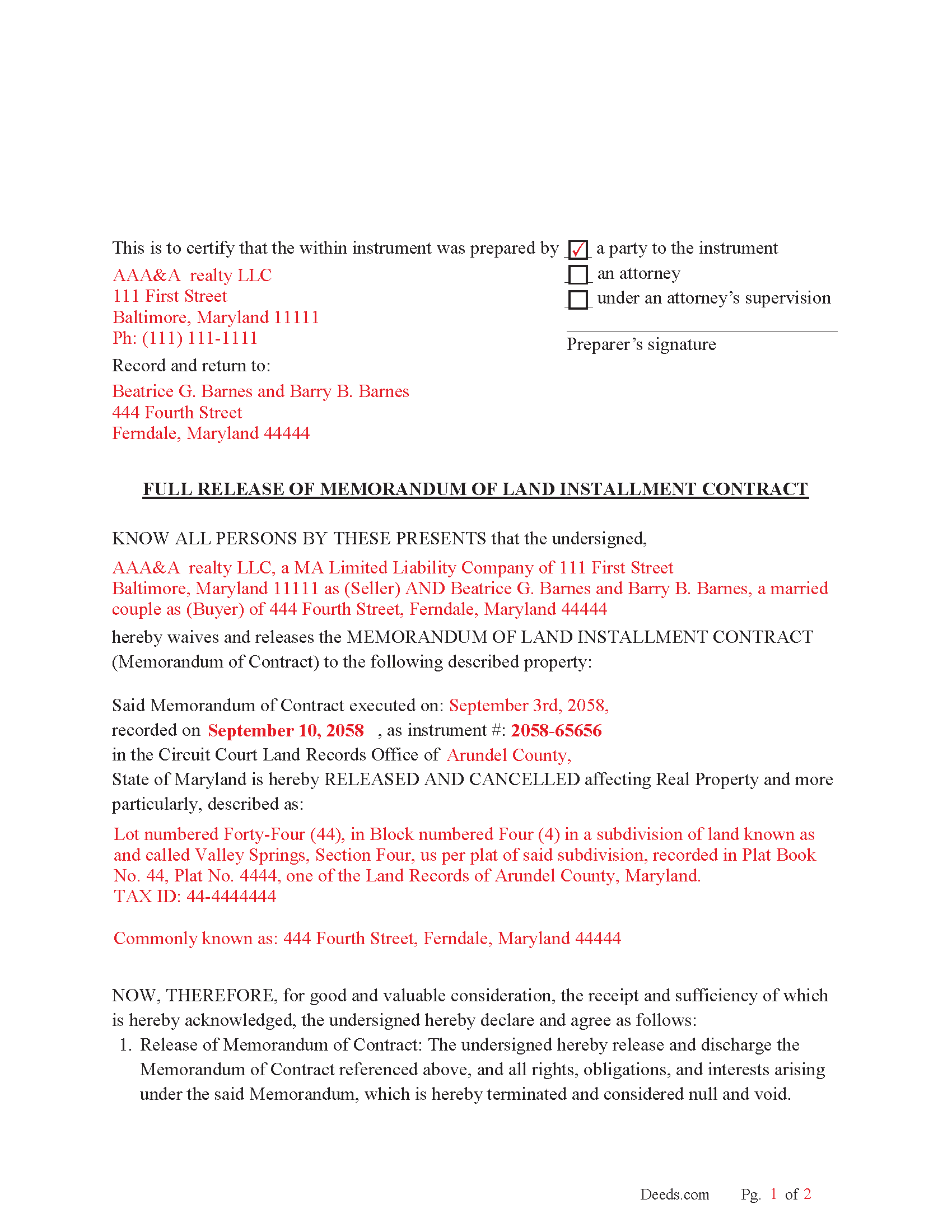 Dorchester County Completed Example of the Release of Memorandum of Land Installment Contract Document