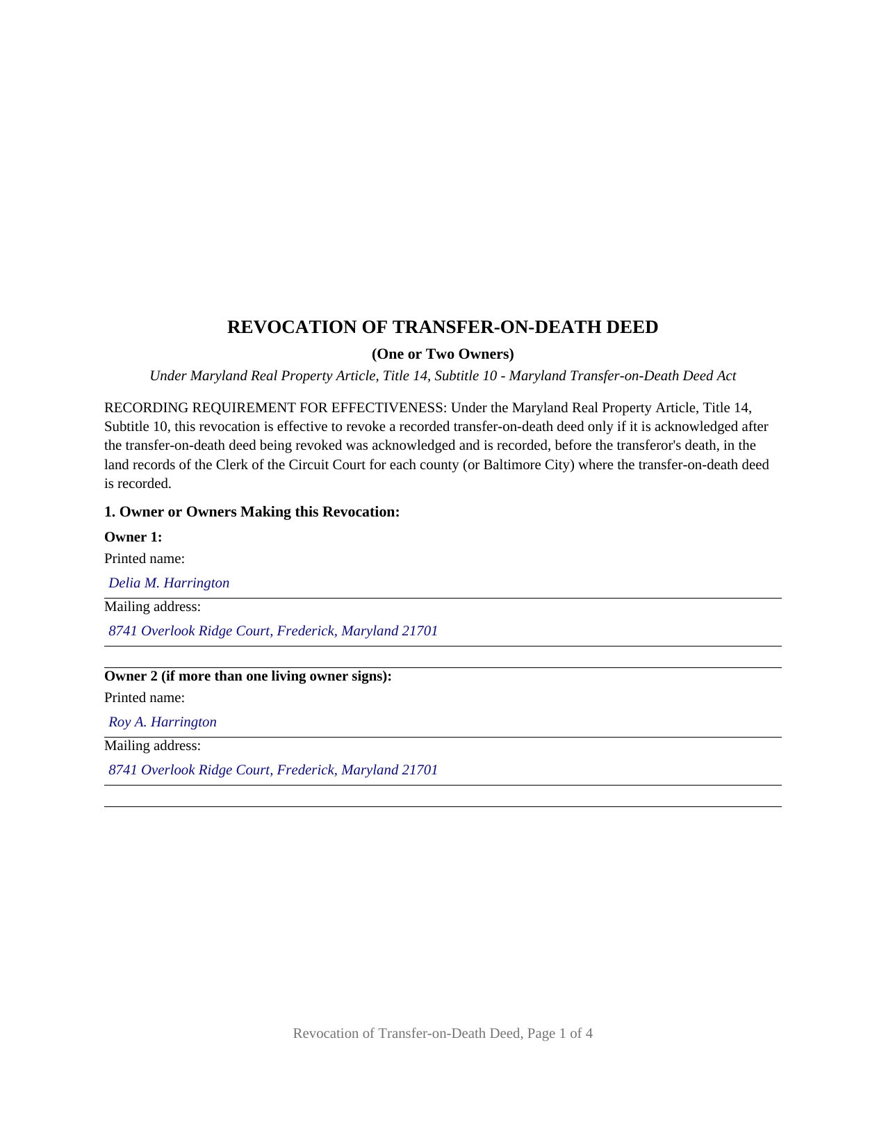 Prince Georges County Completed Example of the Revocation of Transfer-on-Death Deed (One or Two Owners) Document