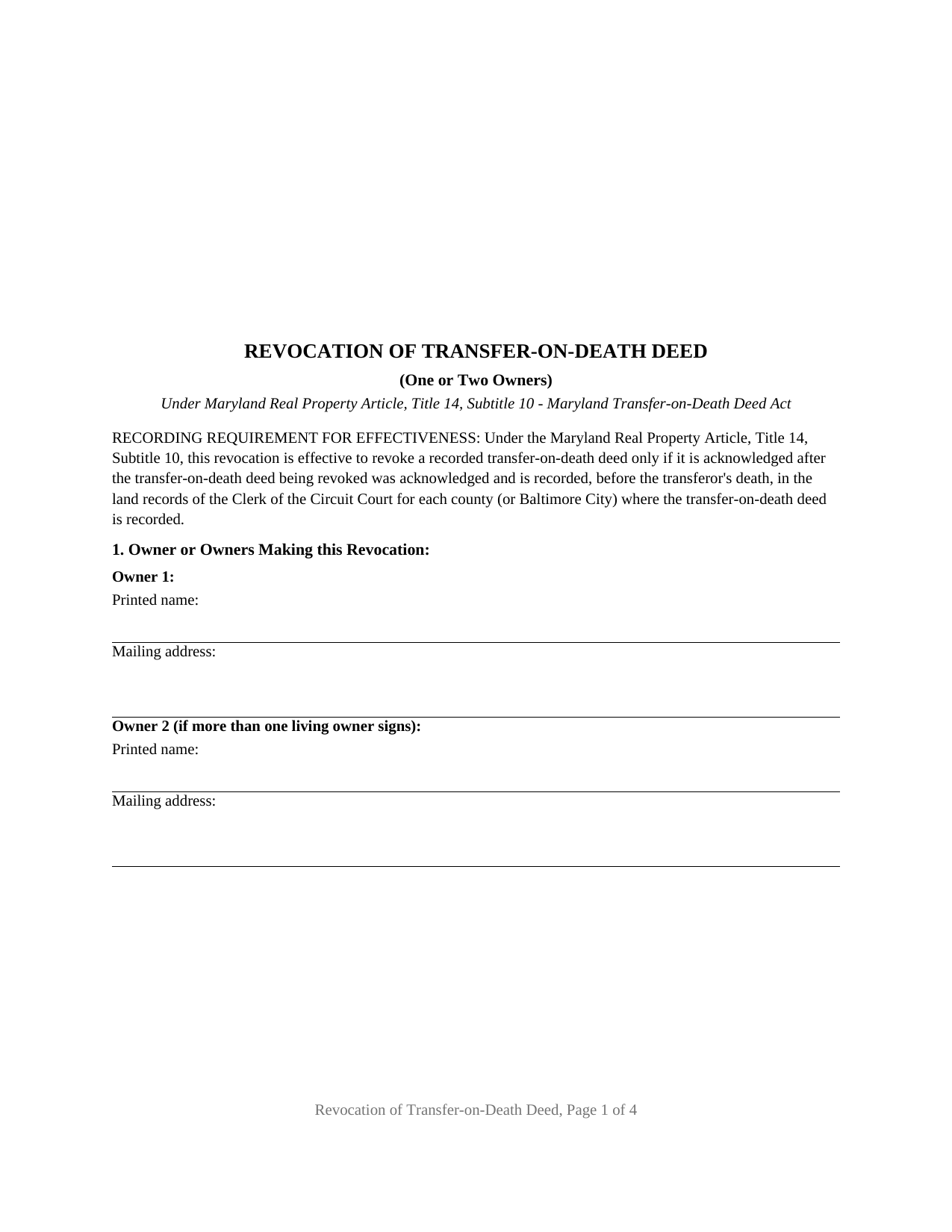 Prince Georges County Revocation of Transfer-on-Death Deed (One or Two Owners) Form