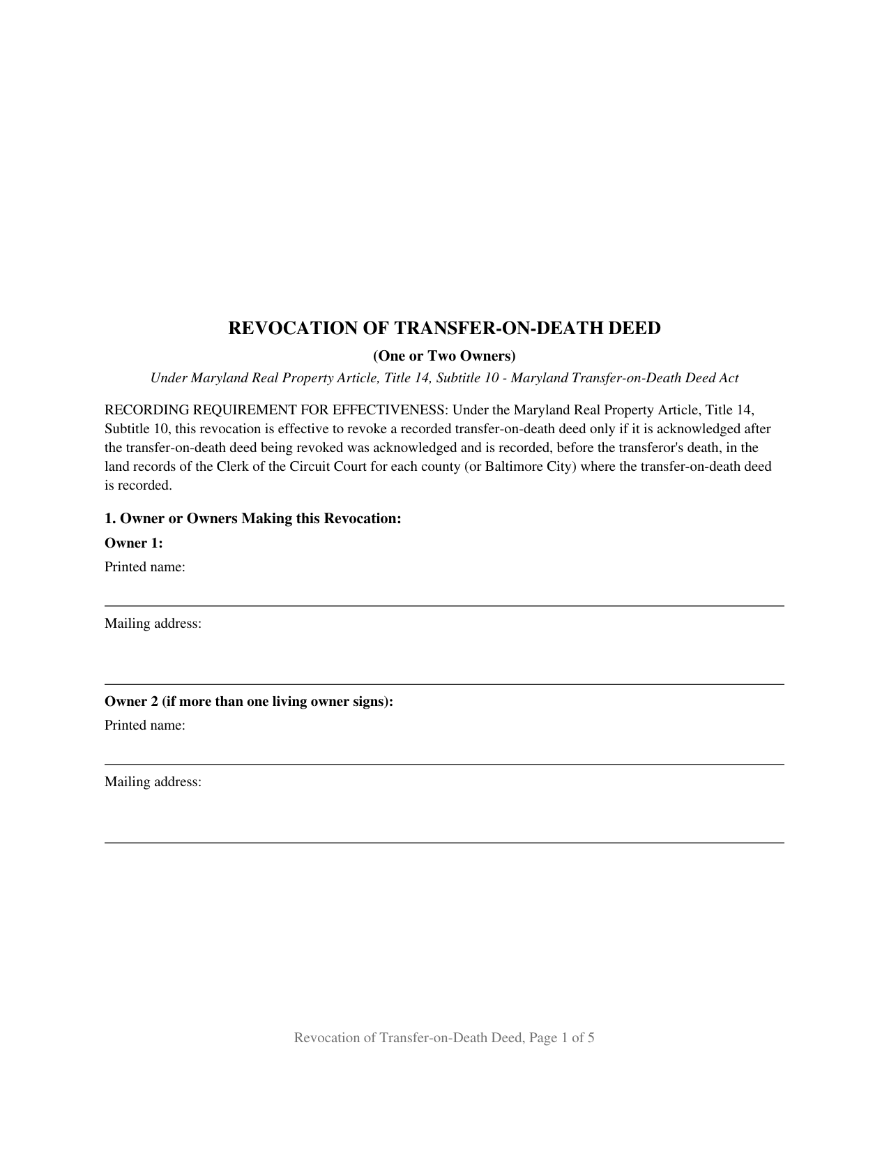 Allegany County Revocation of Transfer-on-Death Deed (One or Two Owners) Form