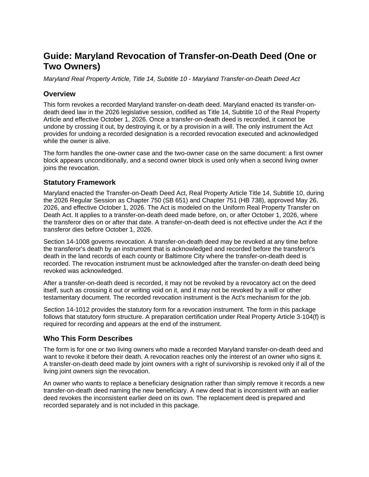 Allegany County Revocation of Transfer-on-Death Deed (One or Two Owners) Guide