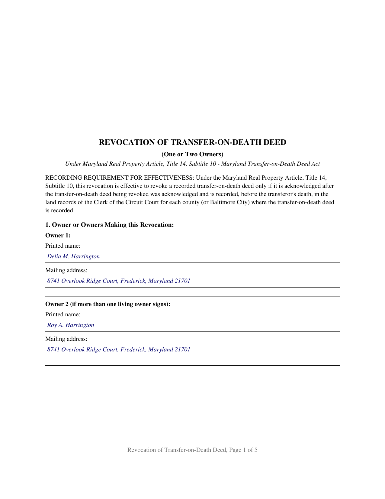 Allegany County Completed Example of the Revocation of Transfer-on-Death Deed (One or Two Owners) Document