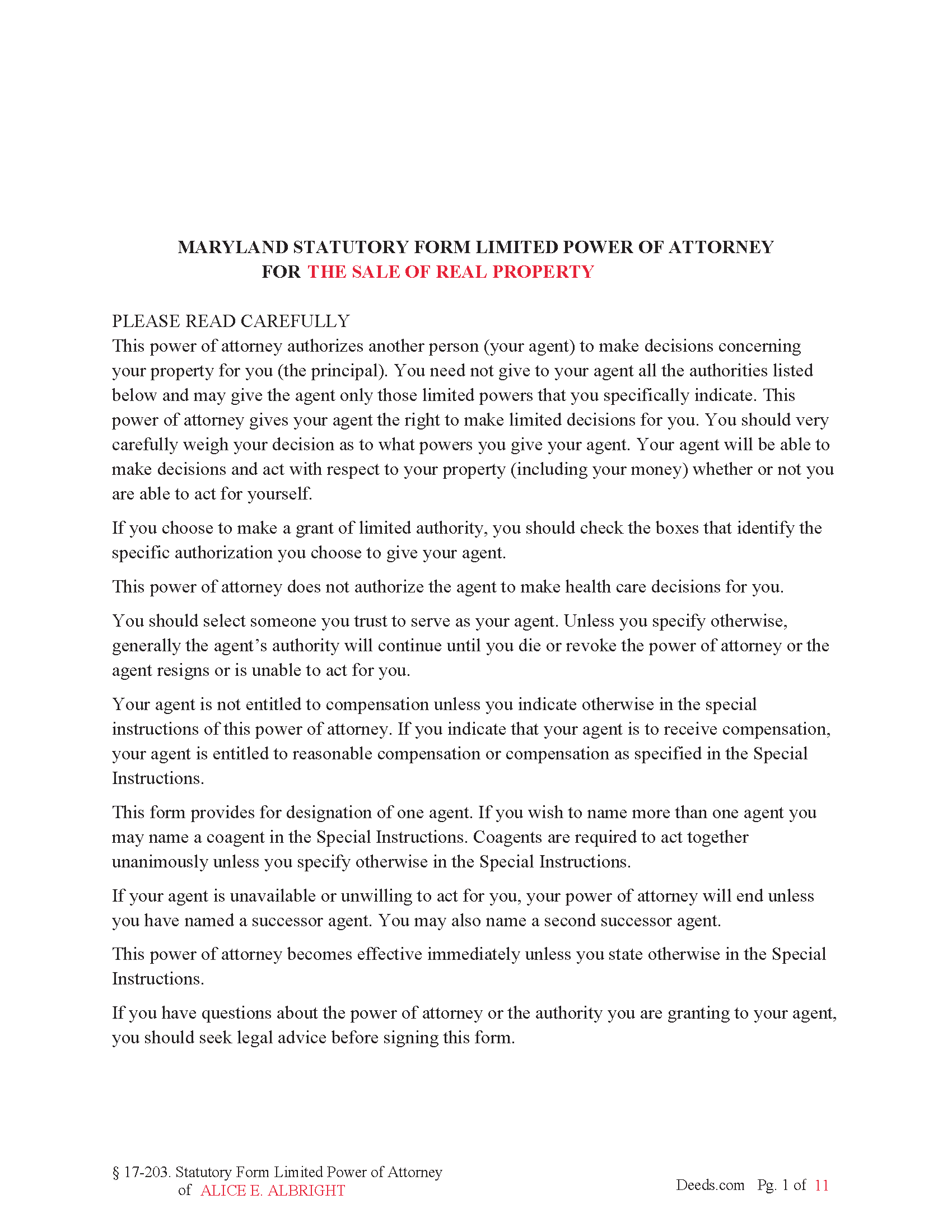 Prince Georges County Completed Example of the Statutory Limited Power of Attorney Document