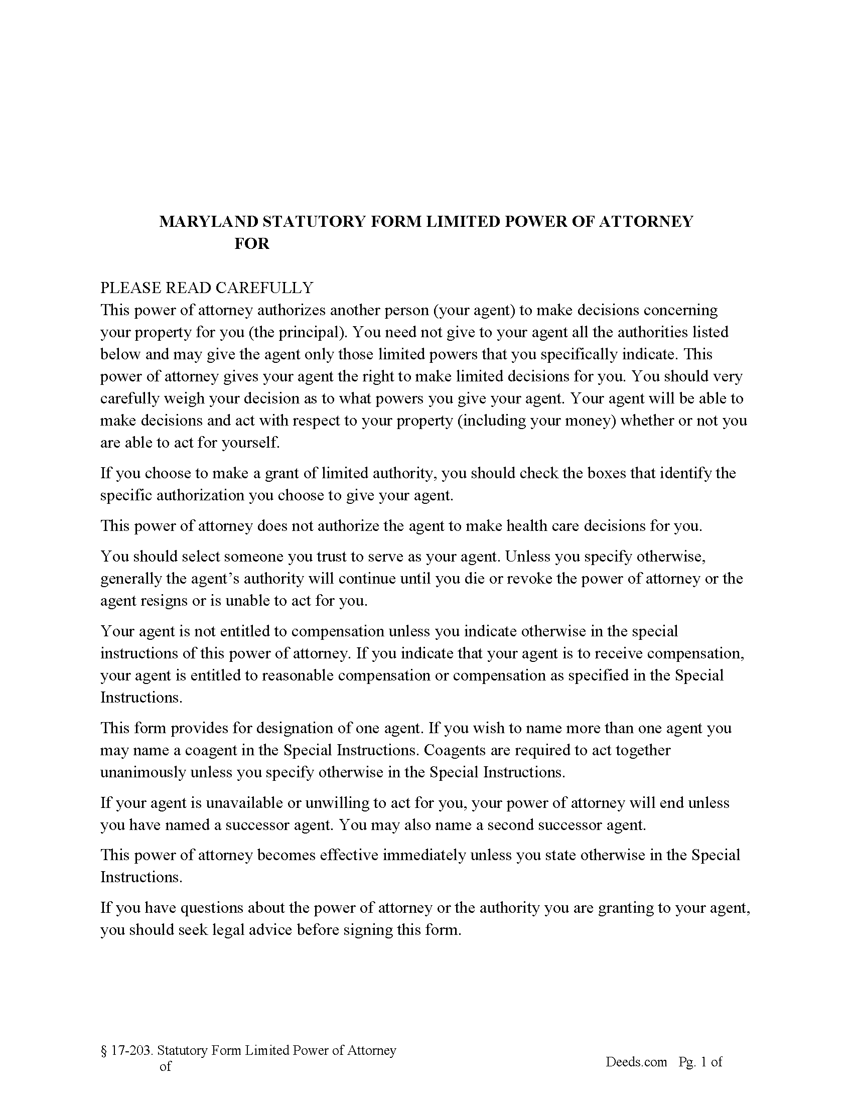 Prince Georges County Statutory Limited Power of Attorney Form