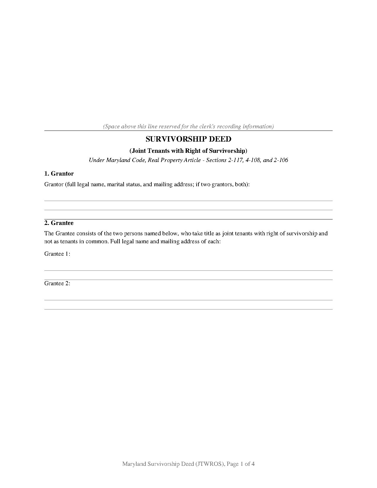 Carroll County Survivorship Deed (Joint Tenants with Right of Survivorship) Form